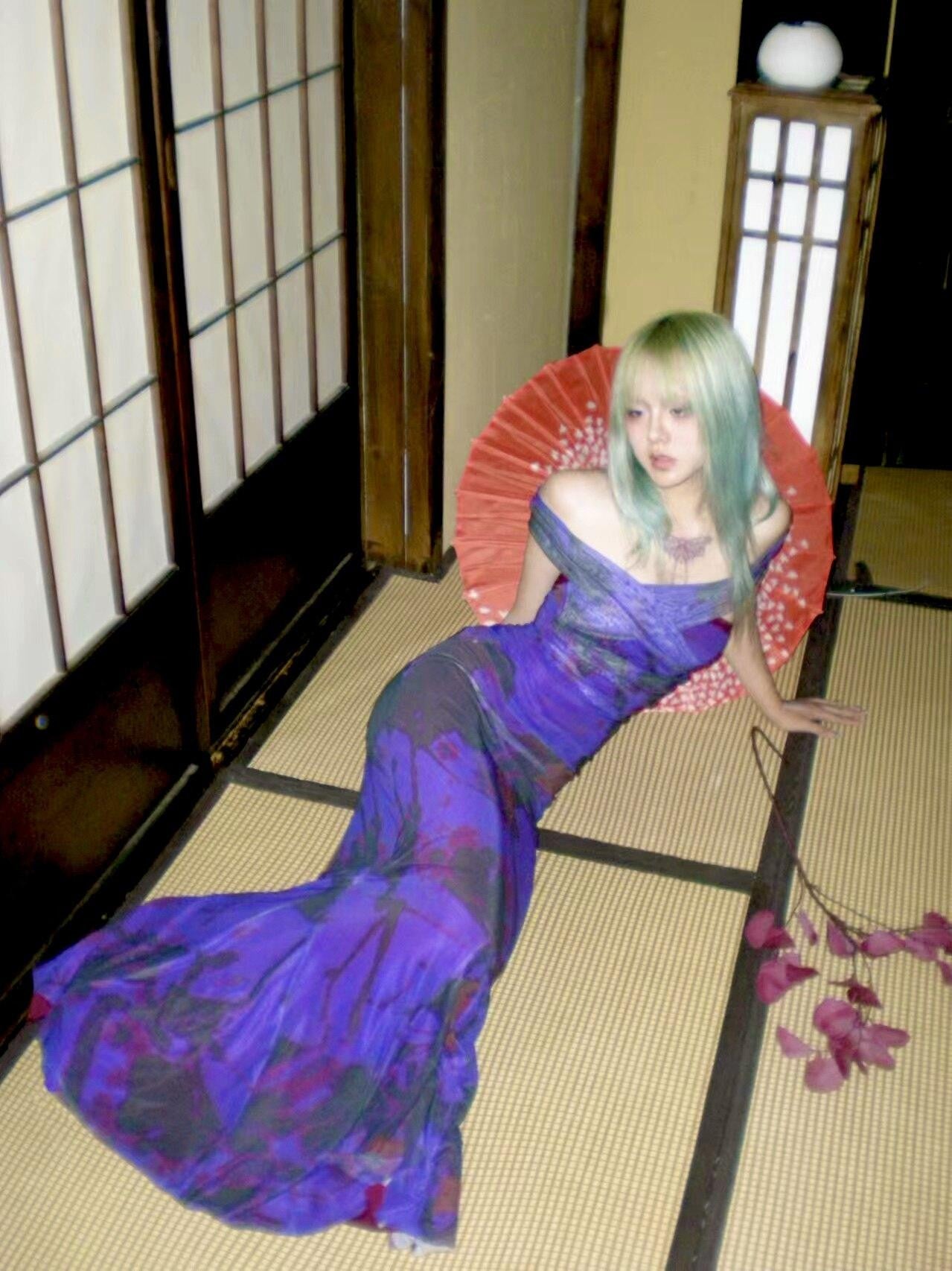 ANTIMOON Deep Purple Ink Wash Strapless Fishtail Slim Women's Mesh Matching Skirt Sets