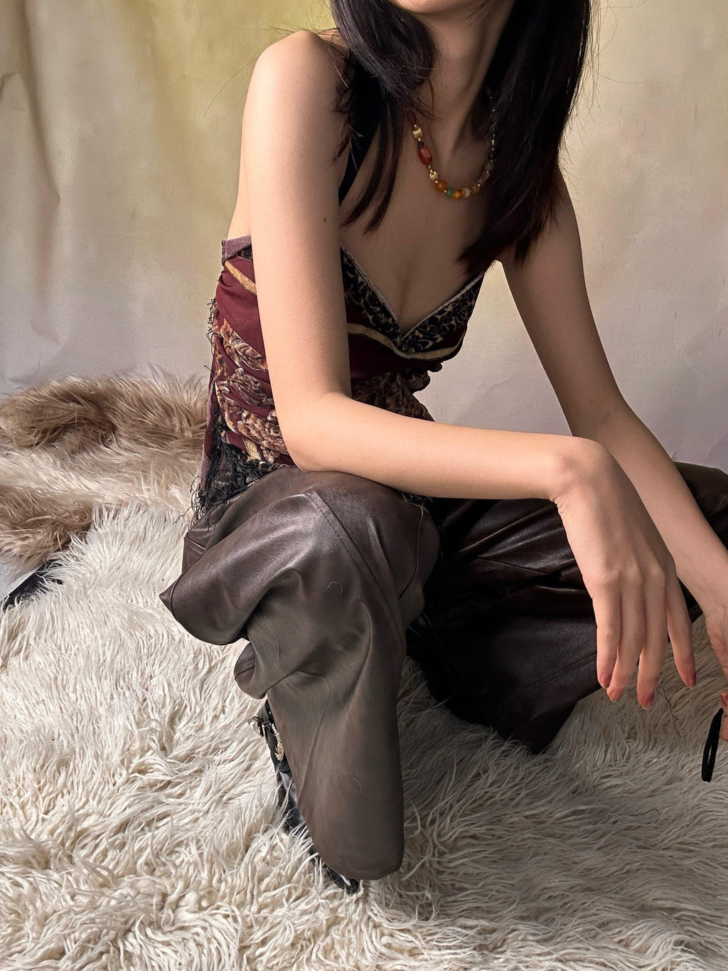 ANTIMOON Distressed Floral Brown Low Waist Pocket Wide Leg Women's Pu Leather Pants