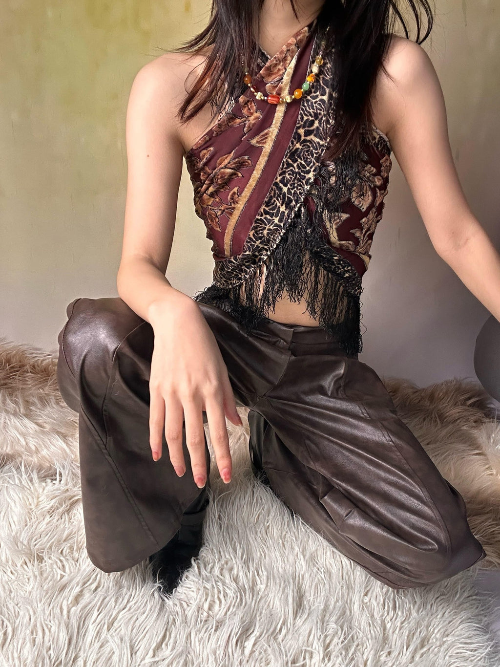 ANTIMOON Distressed Floral Brown Low Waist Pocket Wide Leg Women's Pu Leather Pants