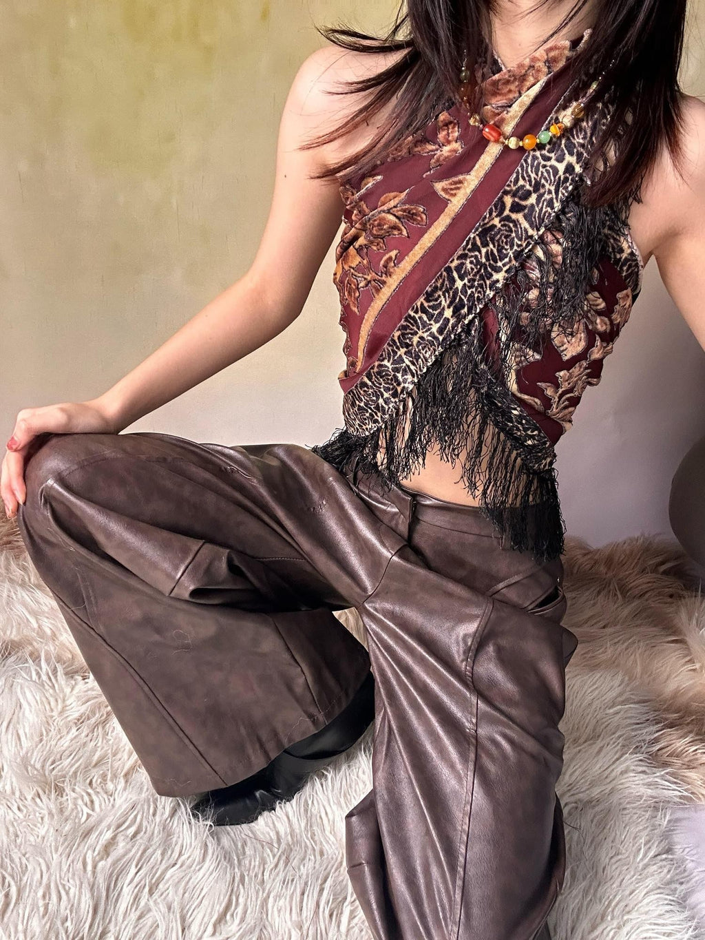 ANTIMOON Distressed Floral Brown Low Waist Pocket Wide Leg Women's Pu Leather Pants