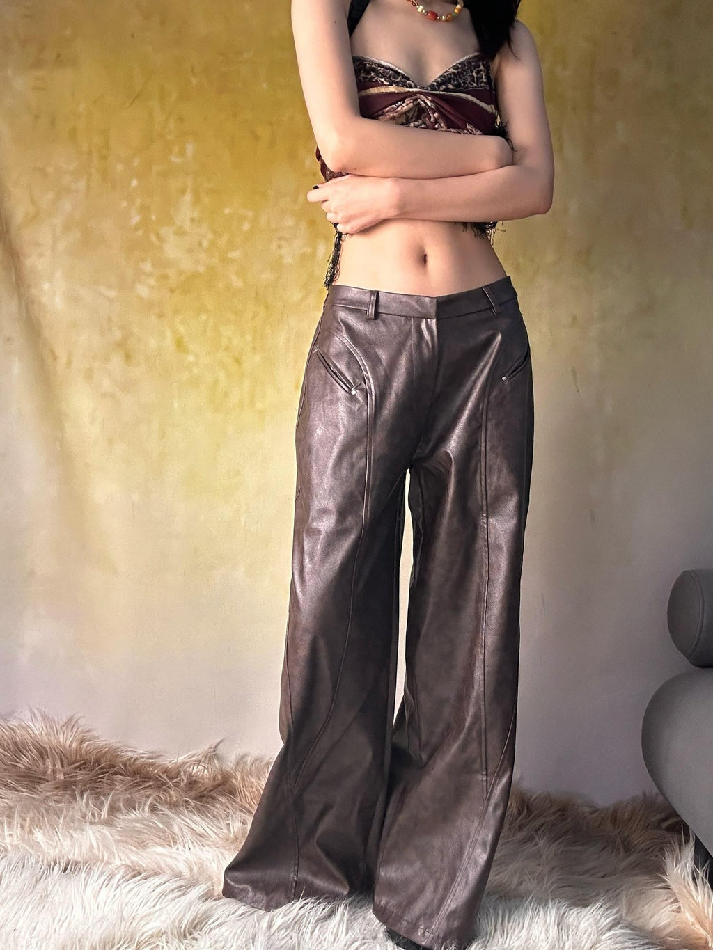 ANTIMOON Distressed Floral Brown Low Waist Pocket Wide Leg Women's Pu Leather Pants