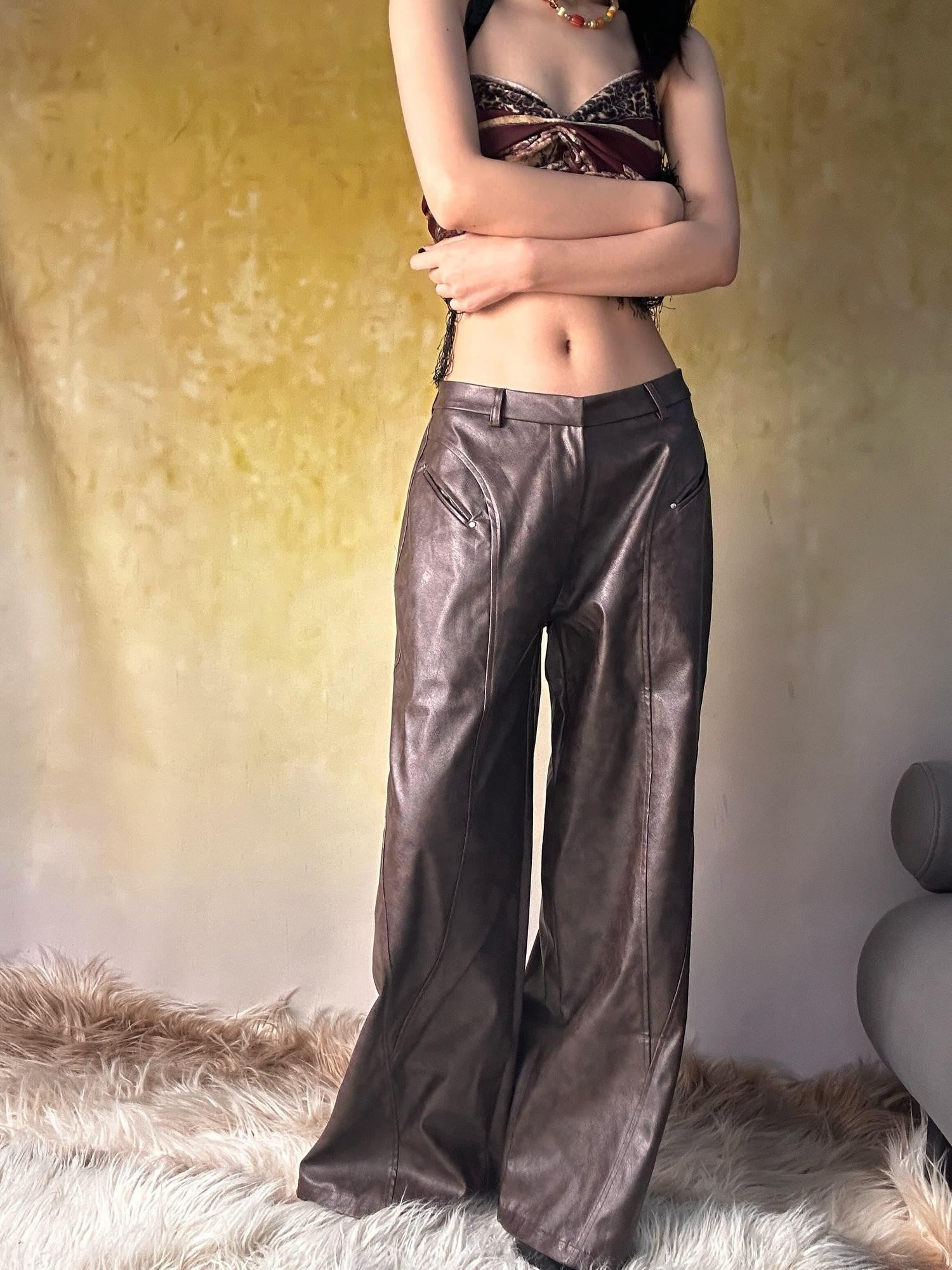 ANTIMOON Distressed Floral Brown Low Waist Pocket Wide Leg Women's Pu Leather Pants