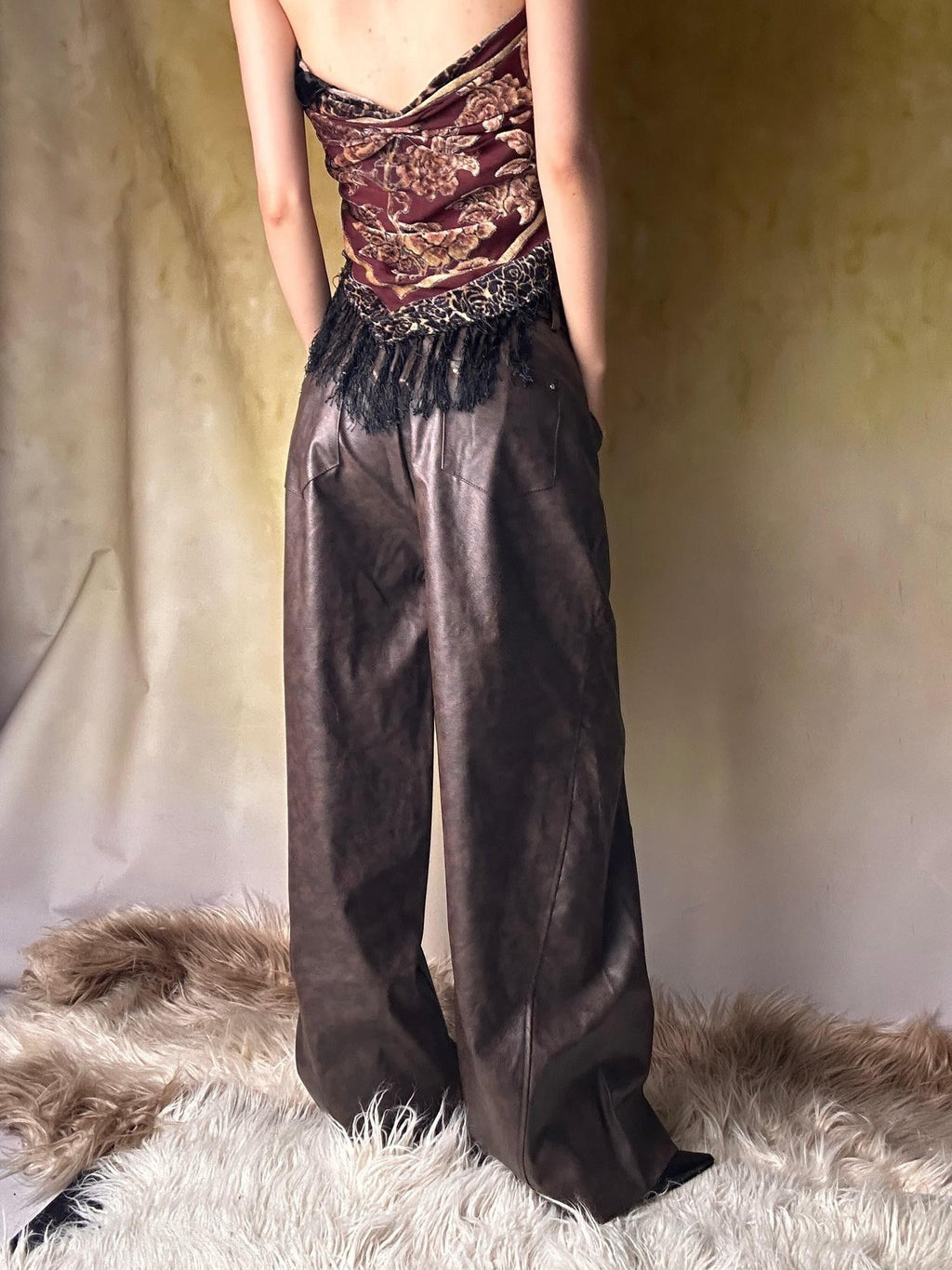 ANTIMOON Distressed Floral Brown Low Waist Pocket Wide Leg Women's Pu Leather Pants