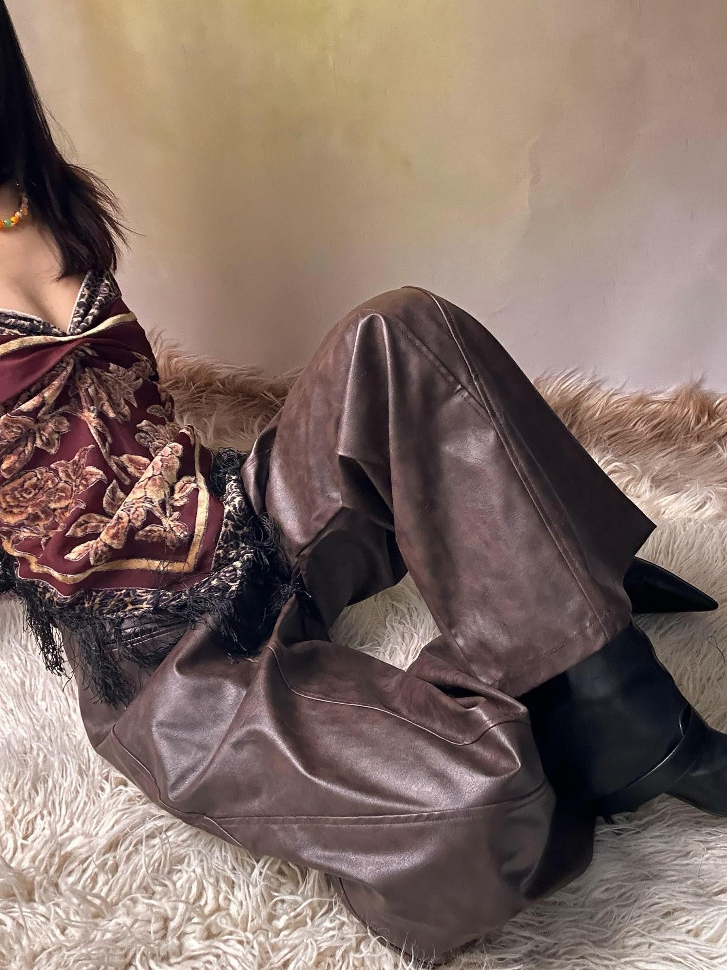 ANTIMOON Distressed Floral Brown Low Waist Pocket Wide Leg Women's Pu Leather Pants