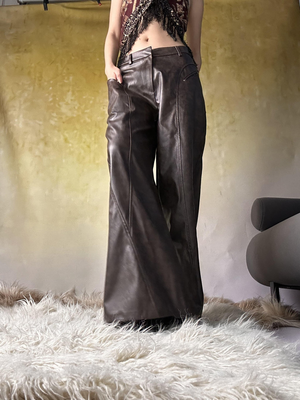 ANTIMOON Distressed Floral Brown Low Waist Pocket Wide Leg Women's Pu Leather Pants