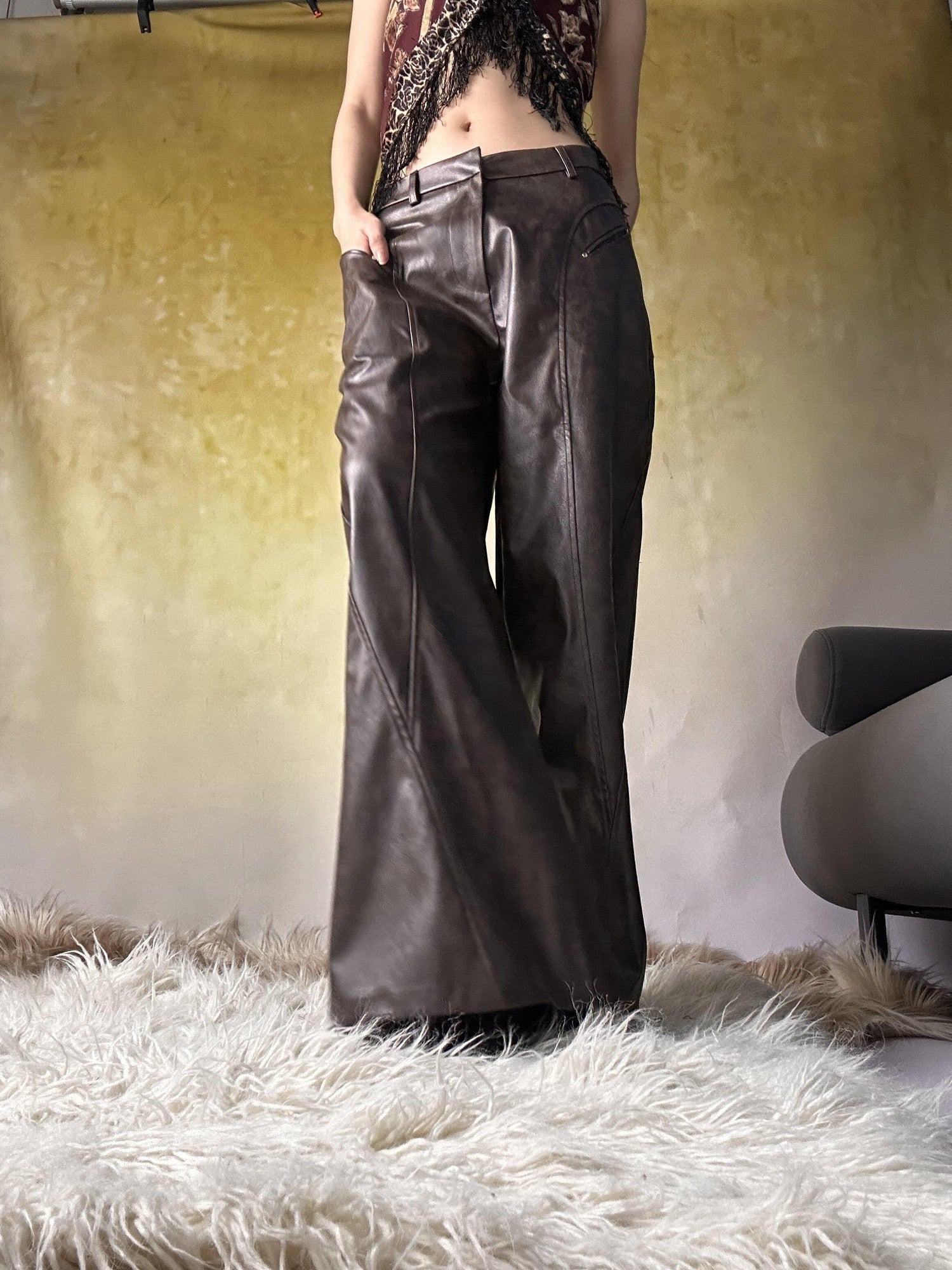 ANTIMOON Distressed Floral Brown Low Waist Pocket Wide Leg Women's Pu Leather Pants