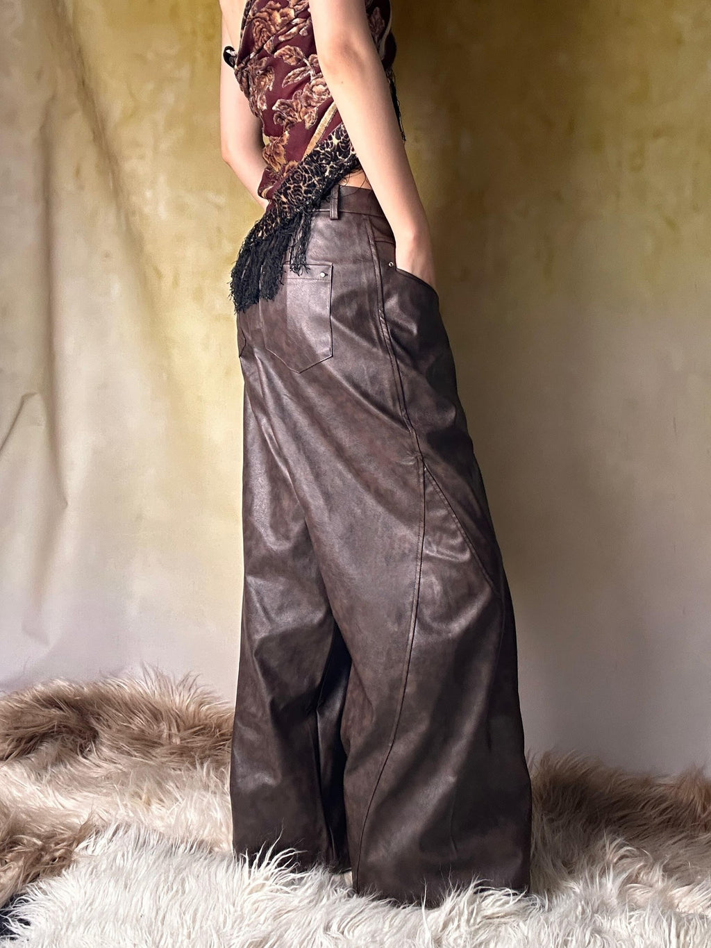 ANTIMOON Distressed Floral Brown Low Waist Pocket Wide Leg Women's Pu Leather Pants