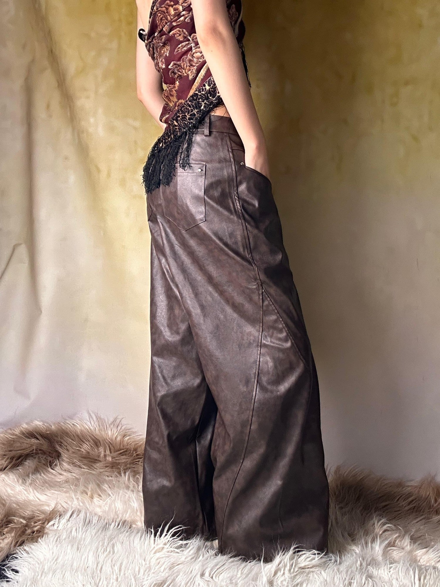 ANTIMOON Distressed Floral Brown Low Waist Pocket Wide Leg Women's Pu Leather Pants