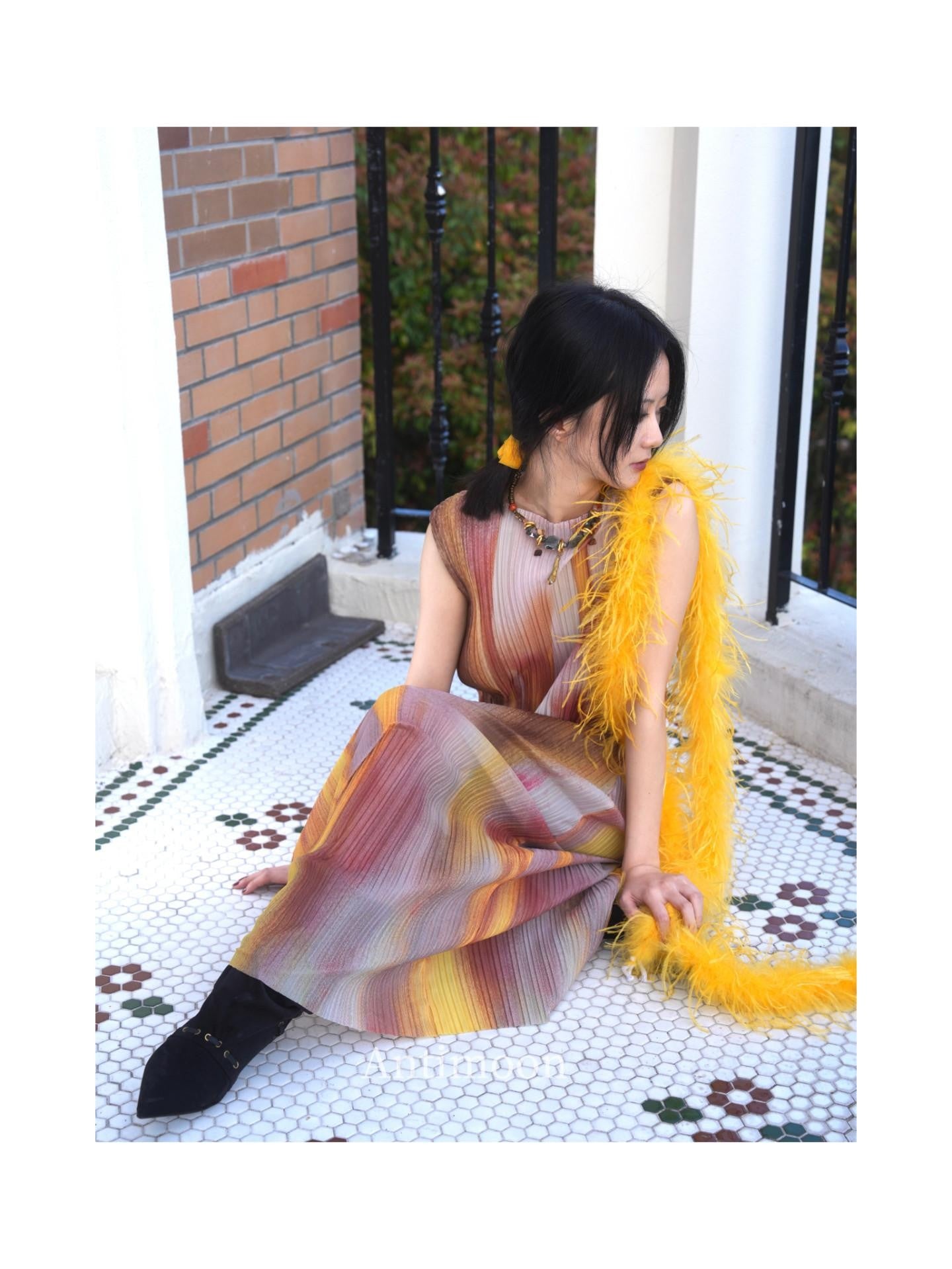 ANTIMOON Firework Art Print Pleated Sleeveless Women's Polyester Casual Maxi Dresses