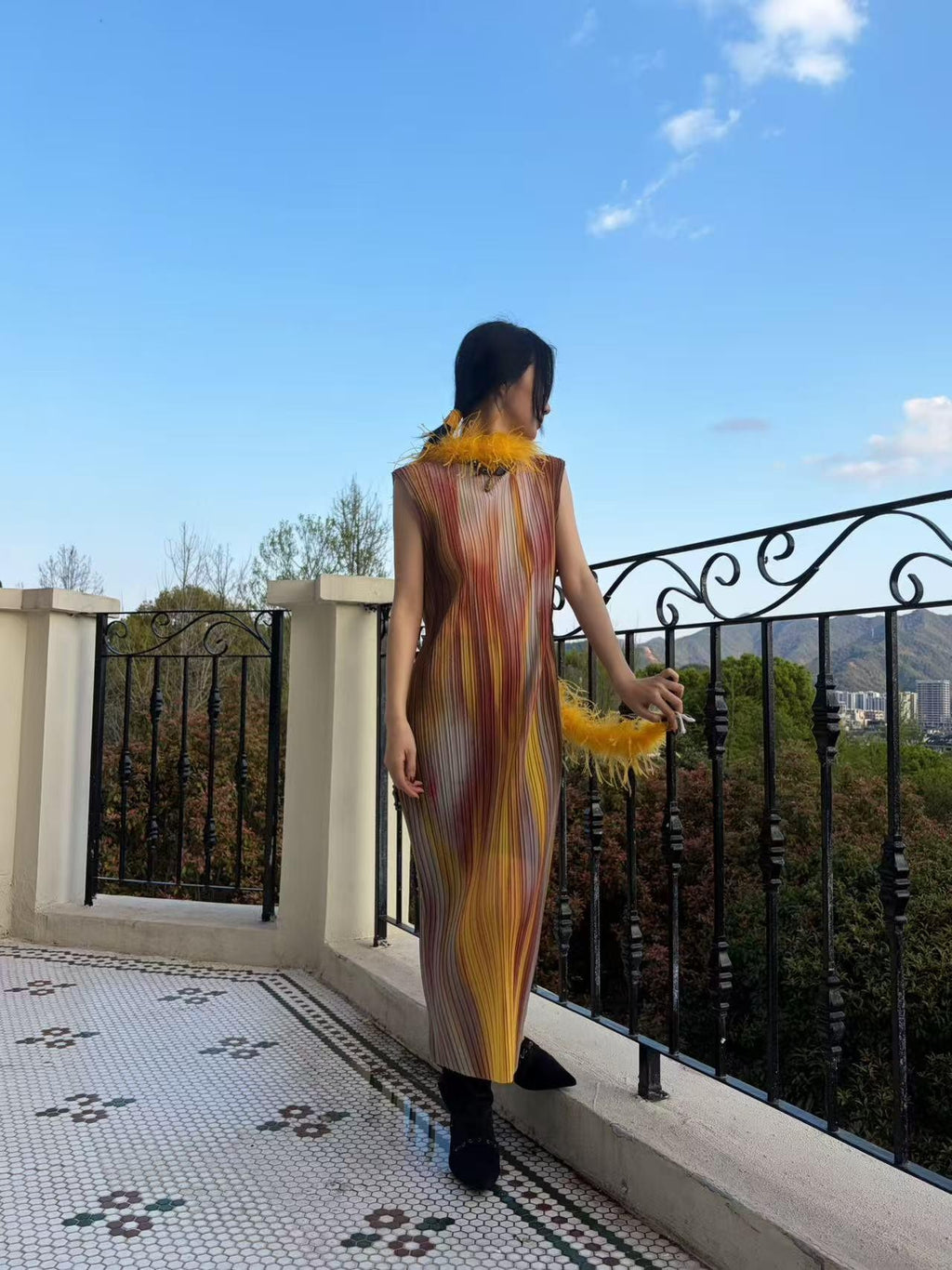 ANTIMOON Firework Art Print Pleated Sleeveless Women's Polyester Casual Maxi Dresses