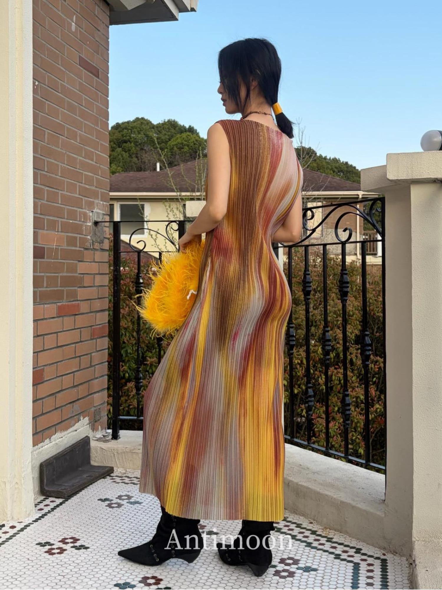 ANTIMOON Firework Art Print Pleated Sleeveless Women's Polyester Casual Maxi Dresses