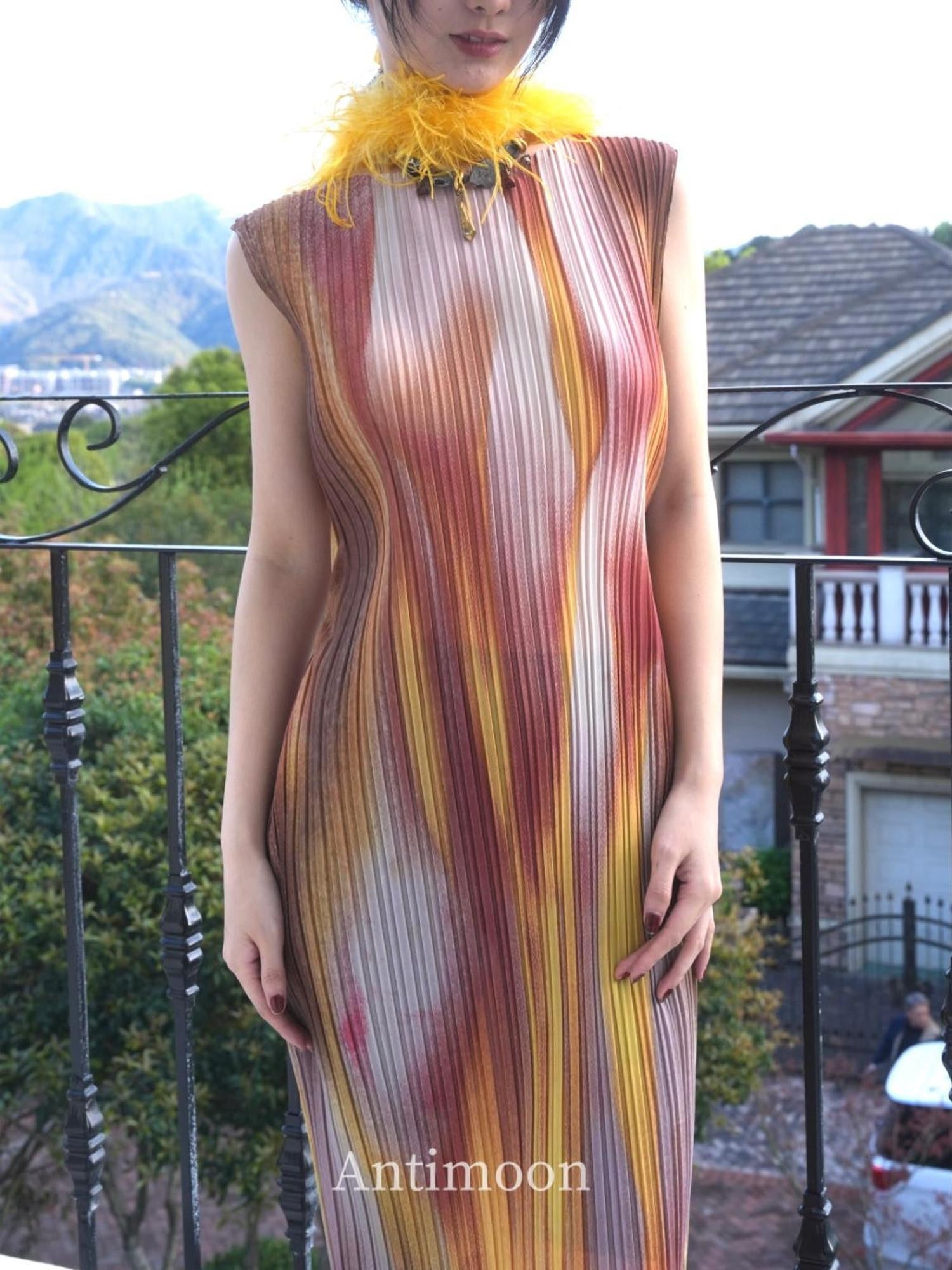 ANTIMOON Firework Art Print Pleated Sleeveless Women's Polyester Casual Maxi Dresses