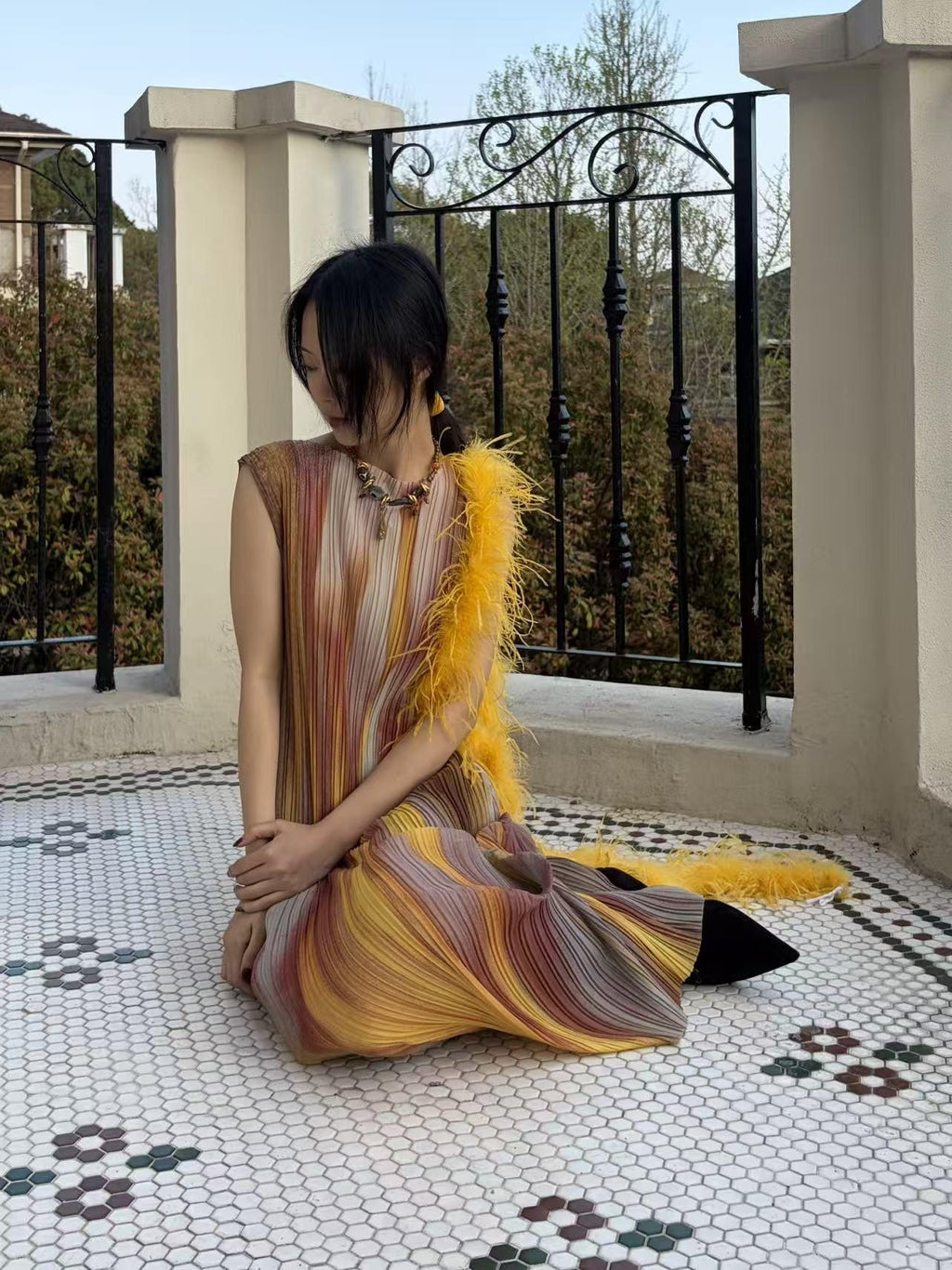 ANTIMOON Firework Art Print Pleated Sleeveless Women's Polyester Casual Maxi Dresses