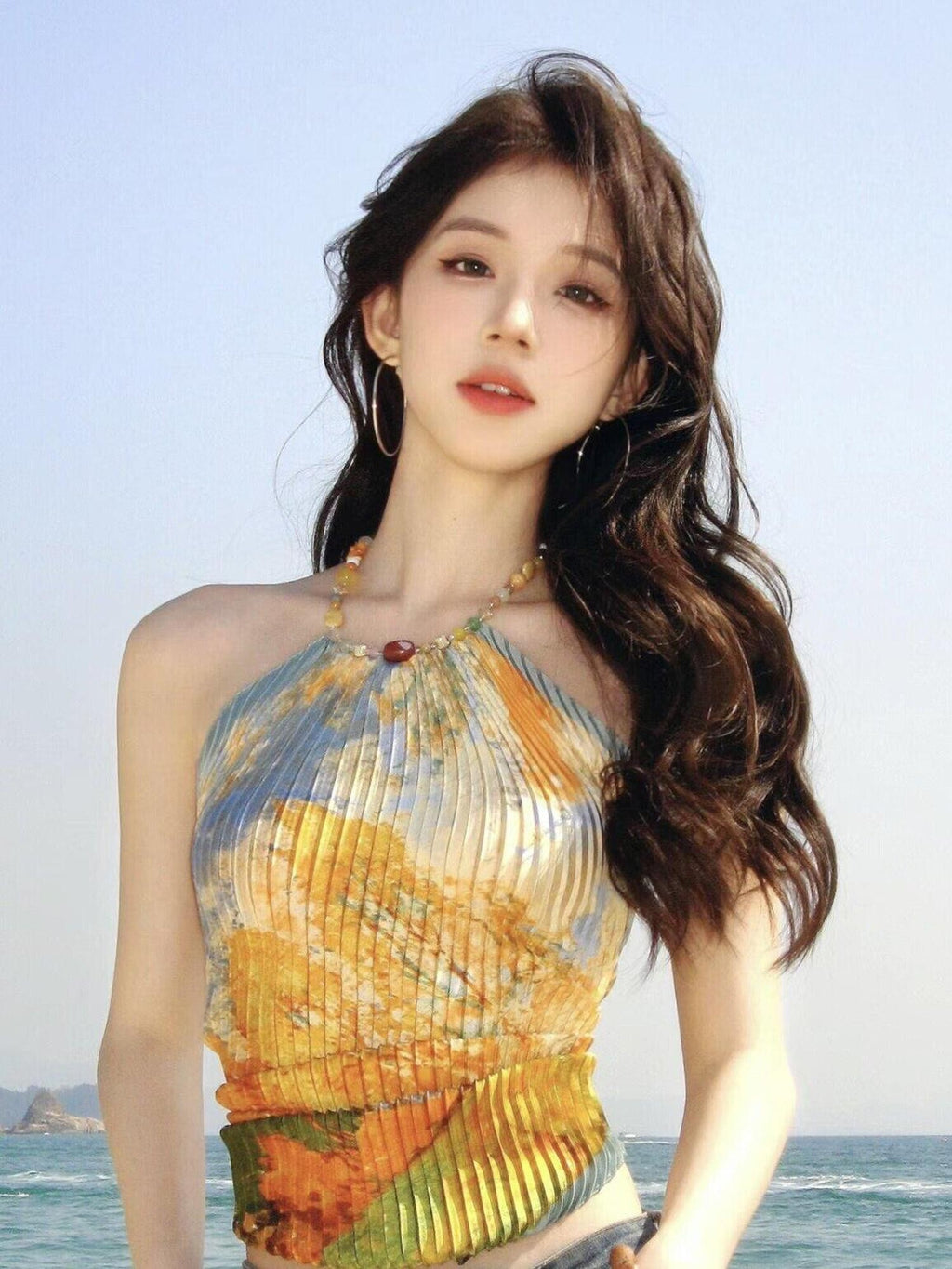ANTIMOON Five Color Stone Chinese Art Print Scarf Halter Women's Polyester Halter Tops