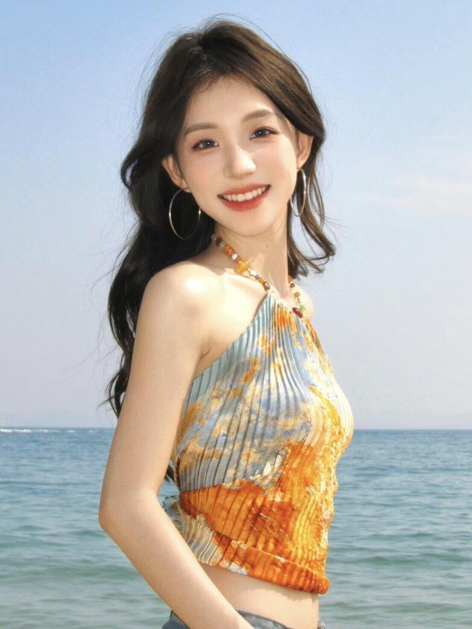 ANTIMOON Five Color Stone Chinese Art Print Scarf Halter Women's Polyester Halter Tops