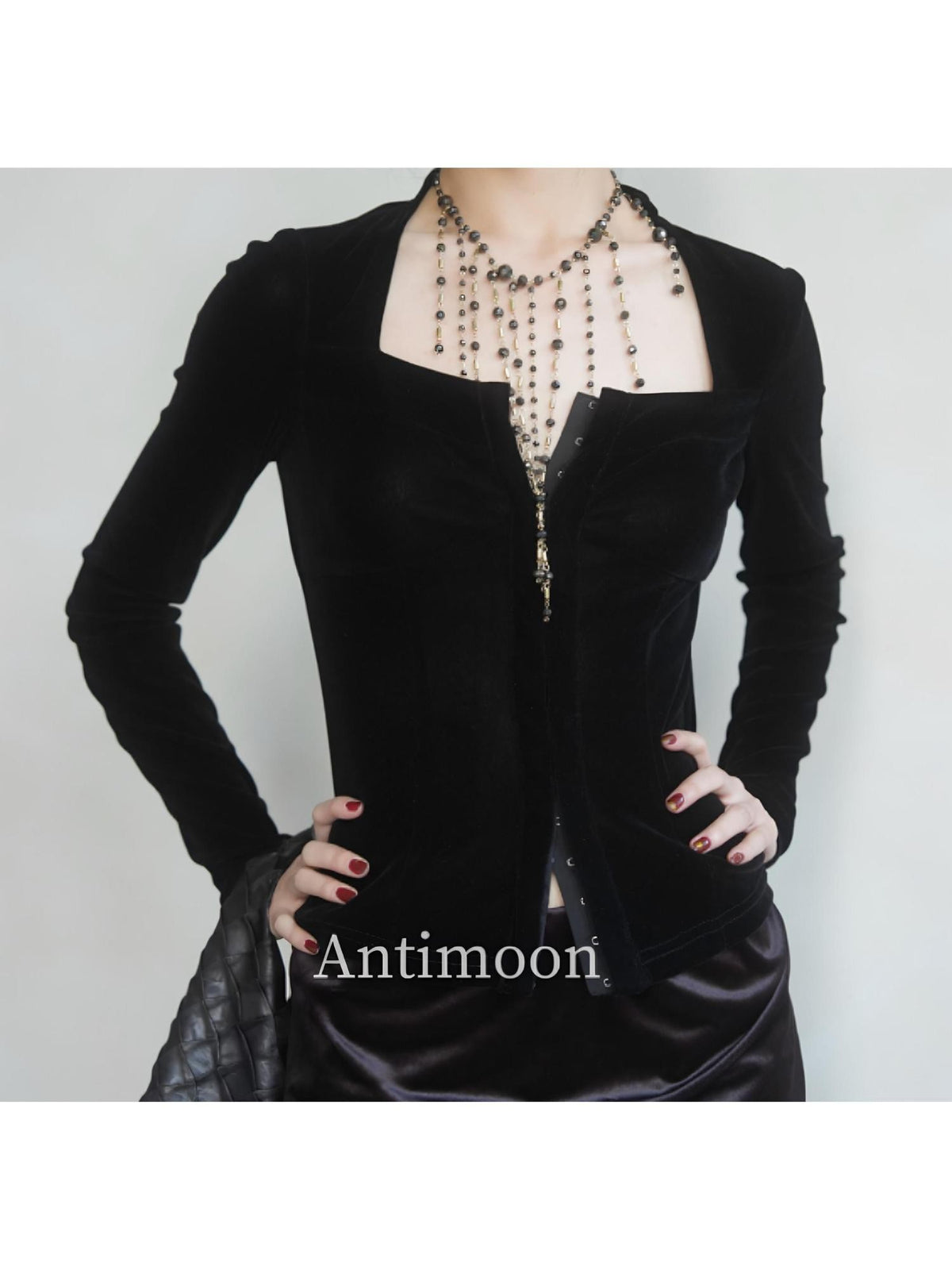 ANTIMOON Flocked Square Neck Button Corset Slim Fit Women's Polyester Long Sleeve T-shirts