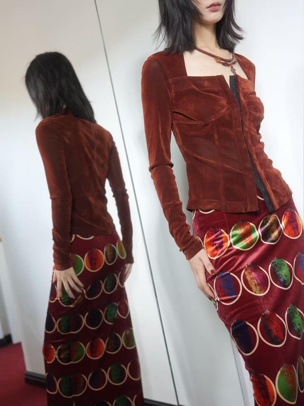 ANTIMOON Flocked Square Neck Button Corset Slim Fit Women's Polyester Long Sleeve T-shirts