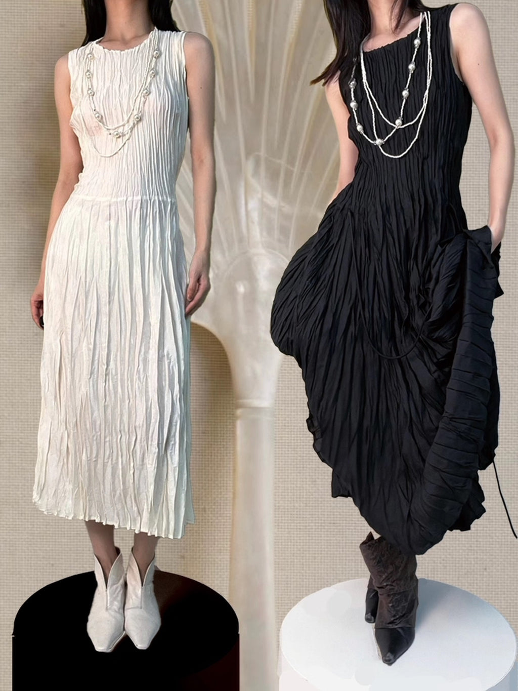 ANTIMOON Flowy Textured Hand Pleated Waist Cinched Women's Polyester Casual Maxi Dresses