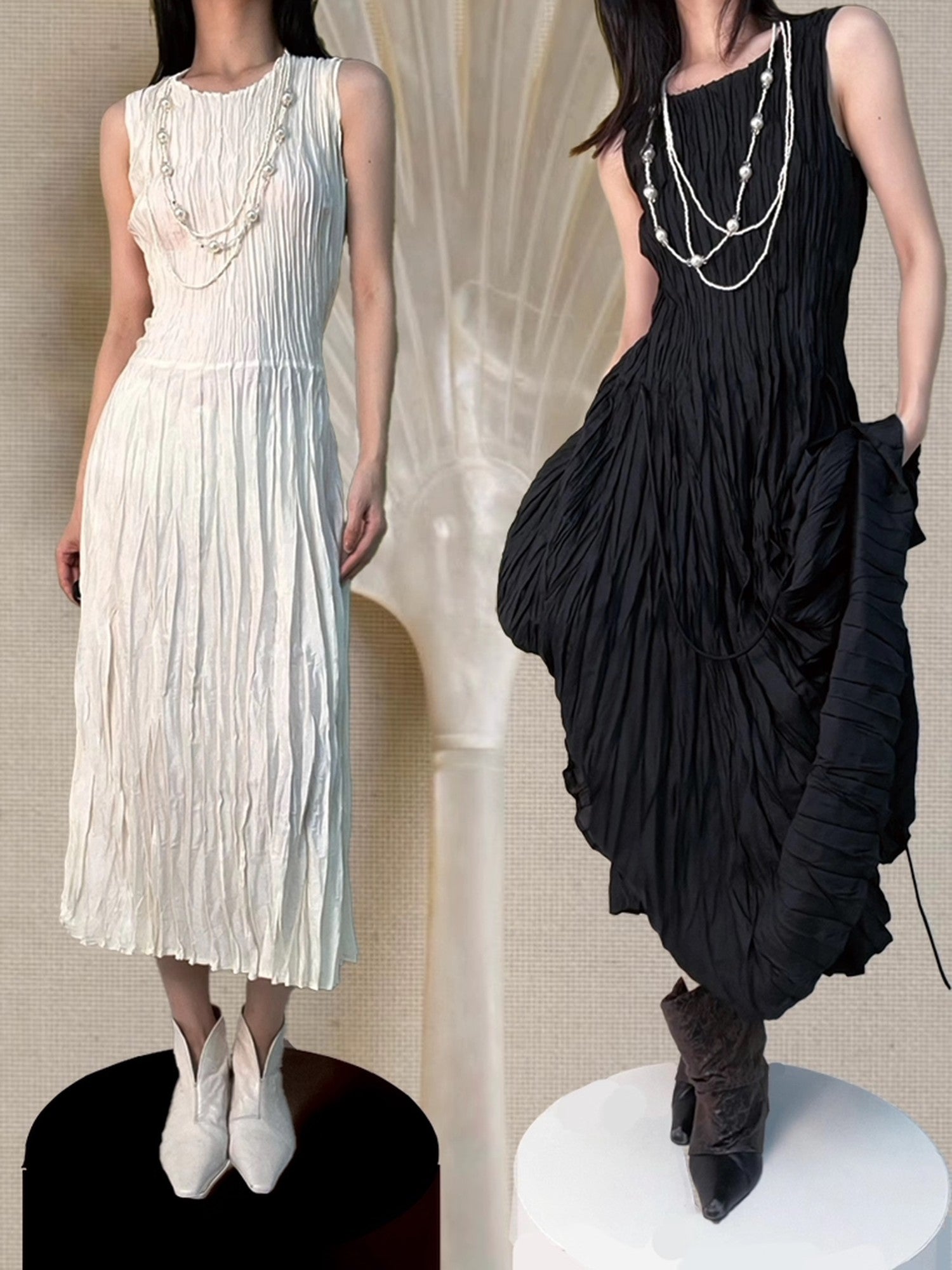 ANTIMOON Flowy Textured Hand Pleated Waist Cinched Women's Polyester Casual Maxi Dresses