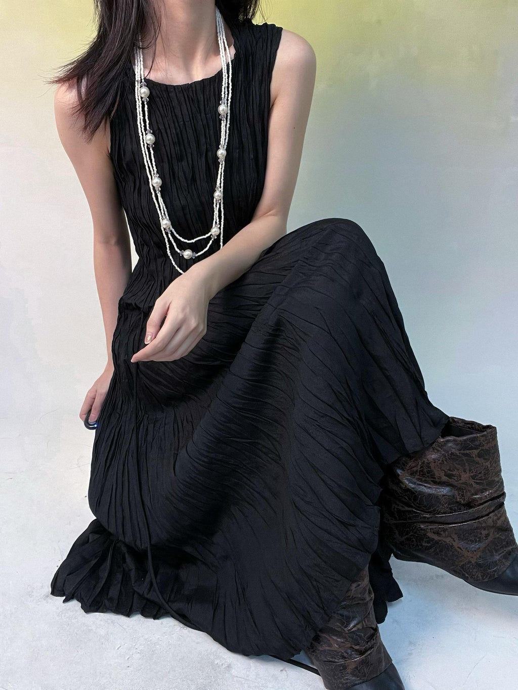 ANTIMOON Flowy Textured Hand Pleated Waist Cinched Women's Polyester Casual Maxi Dresses