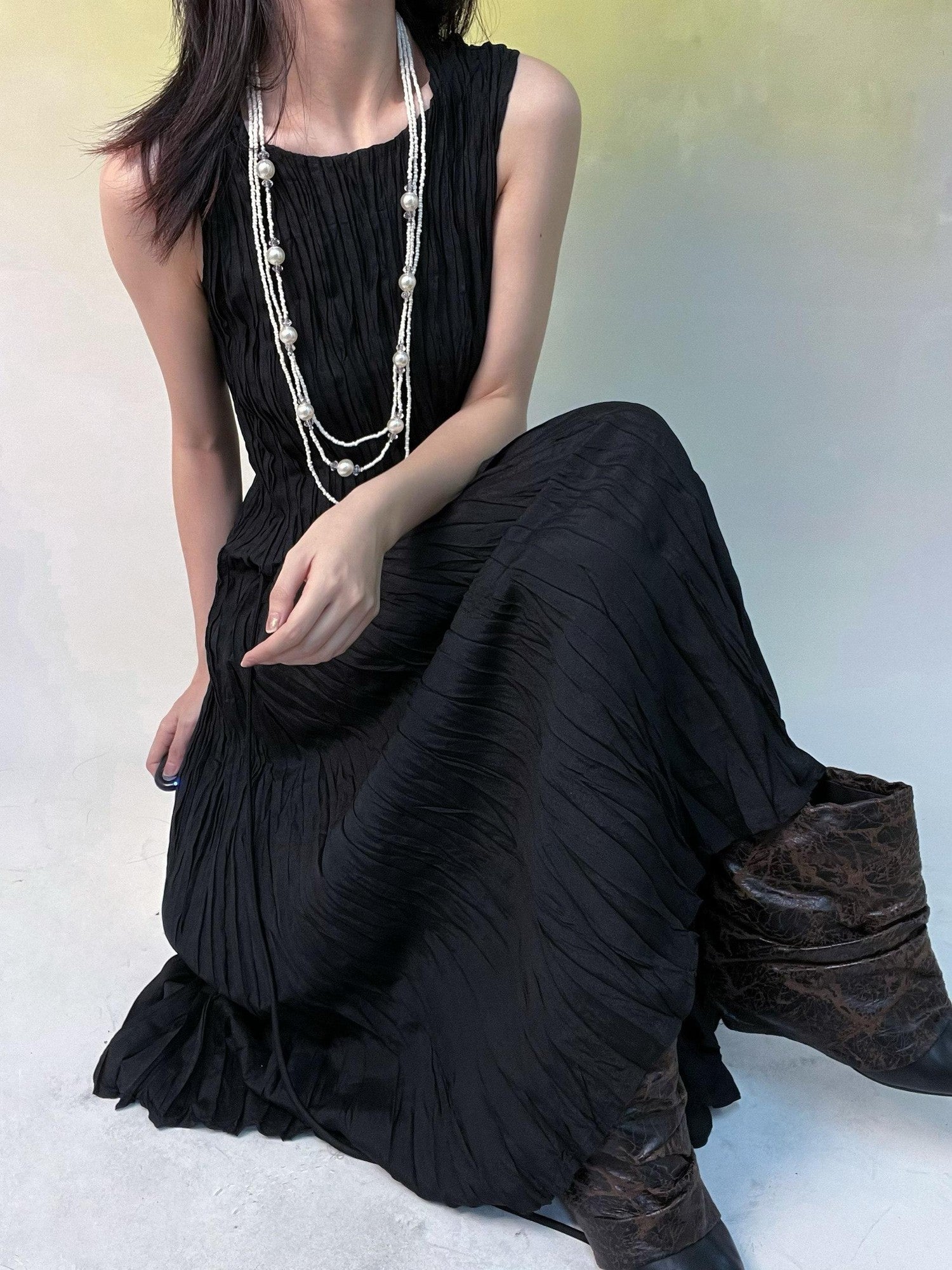 ANTIMOON Flowy Textured Hand Pleated Waist Cinched Women's Polyester Casual Maxi Dresses