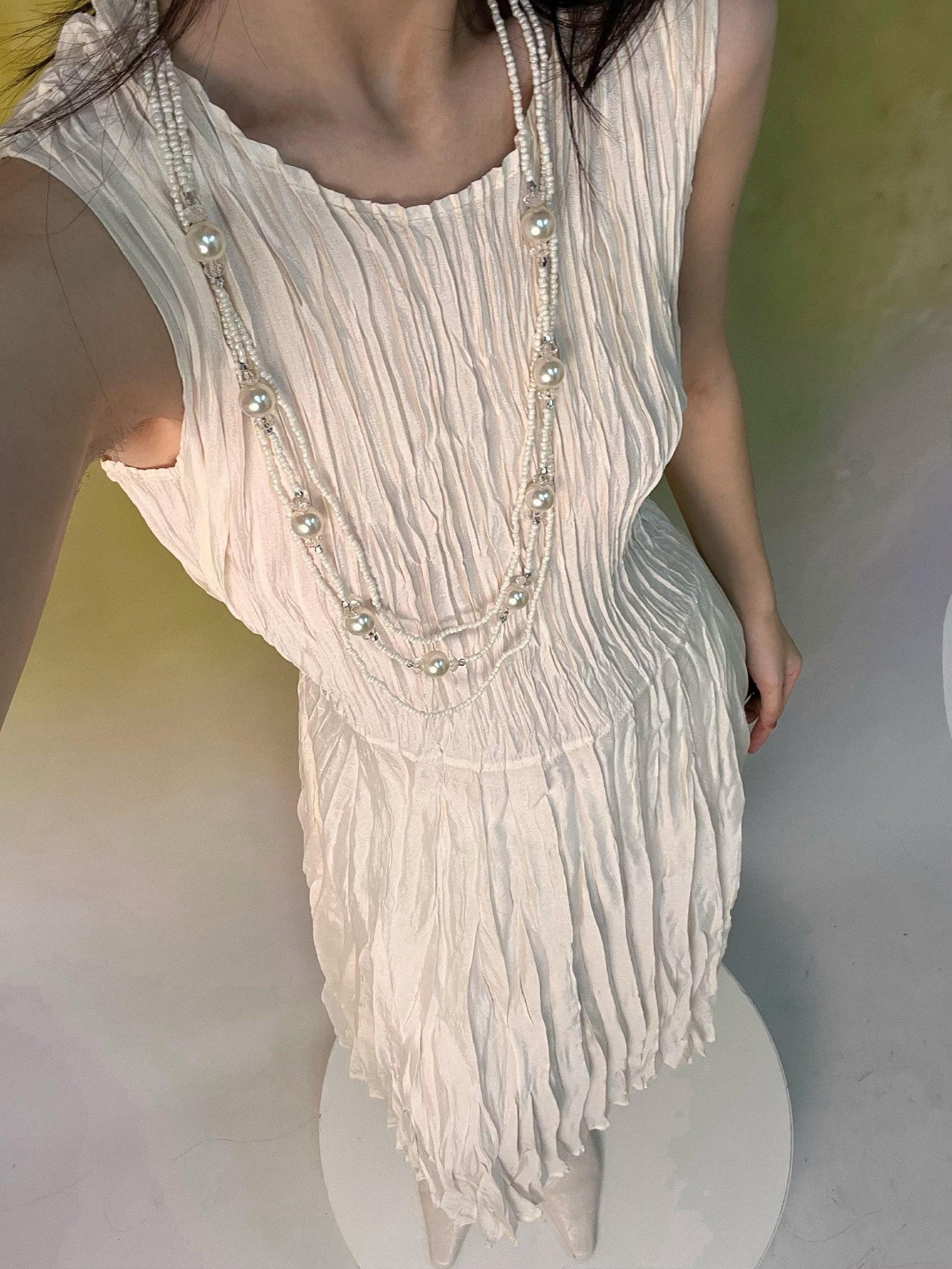ANTIMOON Flowy Textured Hand Pleated Waist Cinched Women's Polyester Casual Maxi Dresses