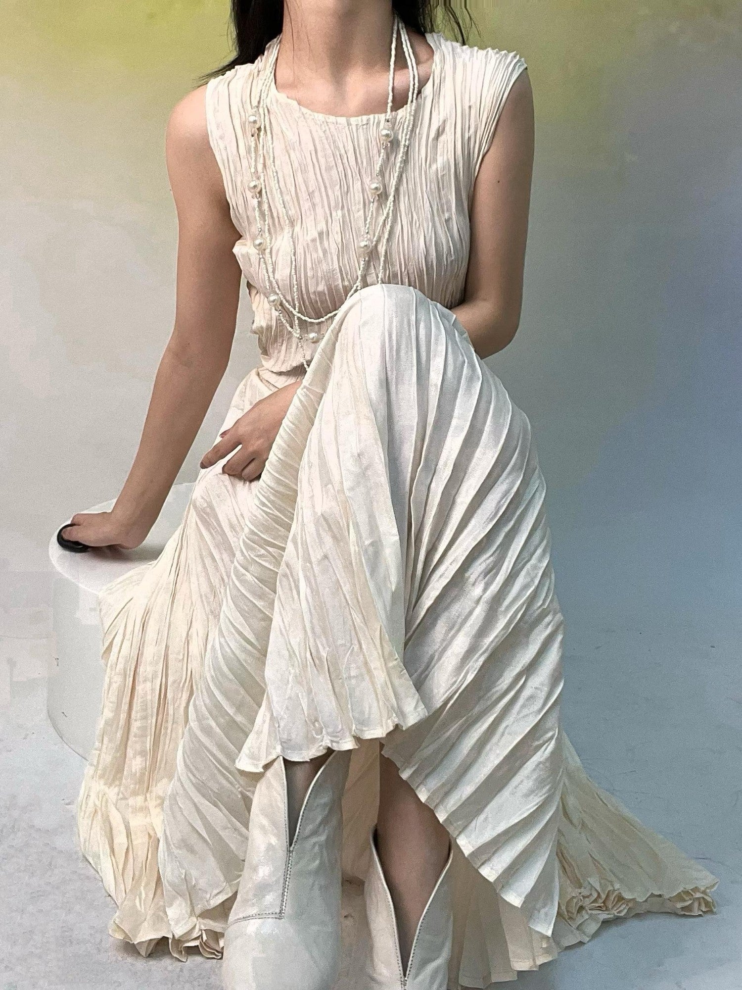 ANTIMOON Flowy Textured Hand Pleated Waist Cinched Women's Polyester Casual Maxi Dresses