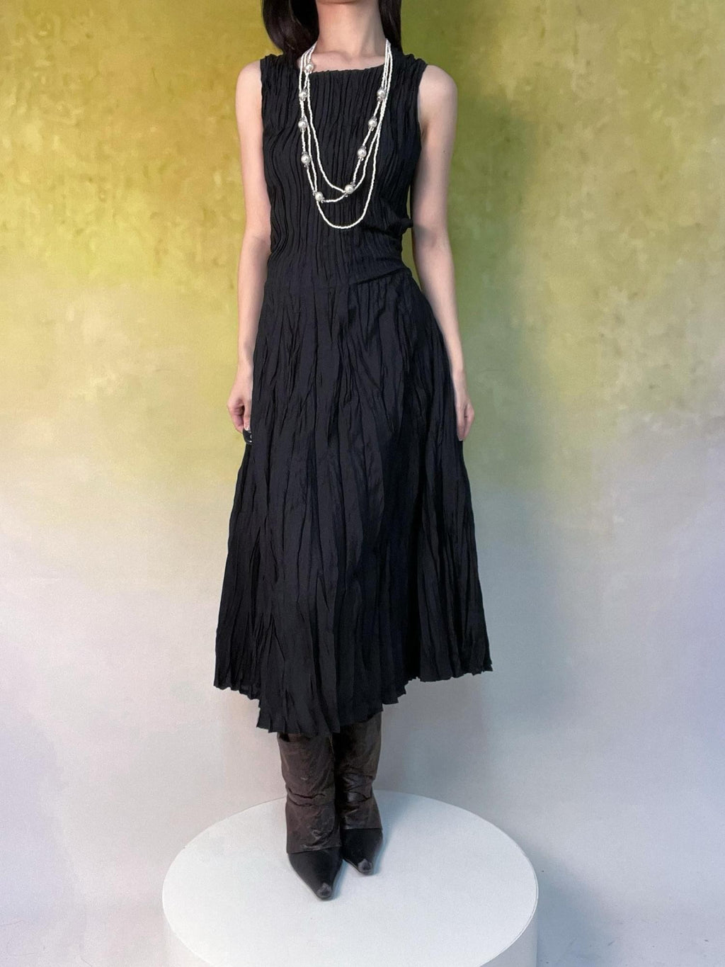 ANTIMOON Flowy Textured Hand Pleated Waist Cinched Women's Polyester Casual Maxi Dresses