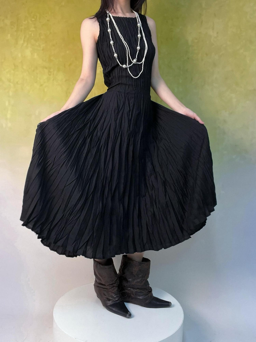 ANTIMOON Flowy Textured Hand Pleated Waist Cinched Women's Polyester Casual Maxi Dresses