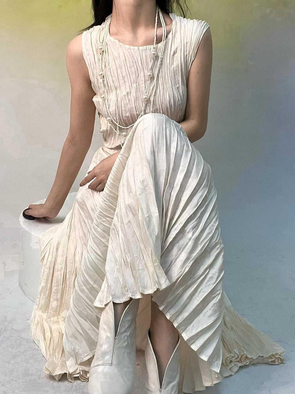 ANTIMOON Flowy Textured Hand Pleated Waist Cinched Women's Polyester Casual Maxi Dresses