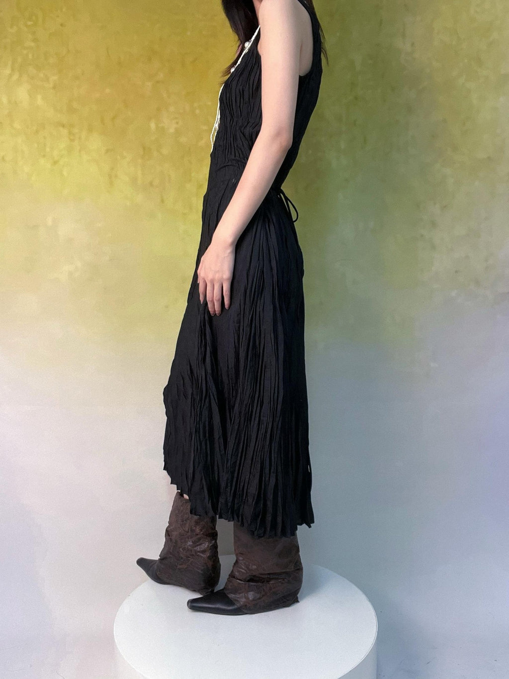 ANTIMOON Flowy Textured Hand Pleated Waist Cinched Women's Polyester Casual Maxi Dresses