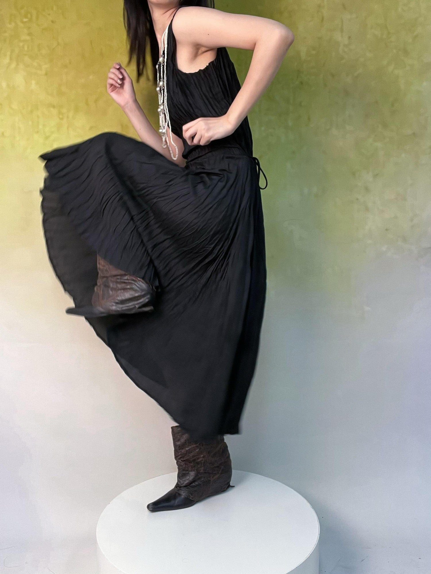 ANTIMOON Flowy Textured Hand Pleated Waist Cinched Women's Polyester Casual Maxi Dresses