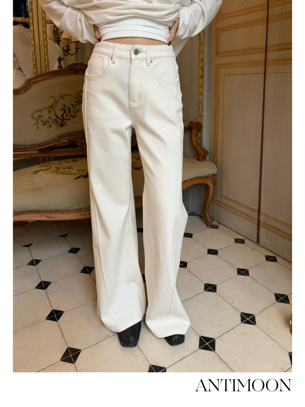 ANTIMOON Four-way Stretch High Waist Straight Fit Women's Cotton Wide-leg Jeans