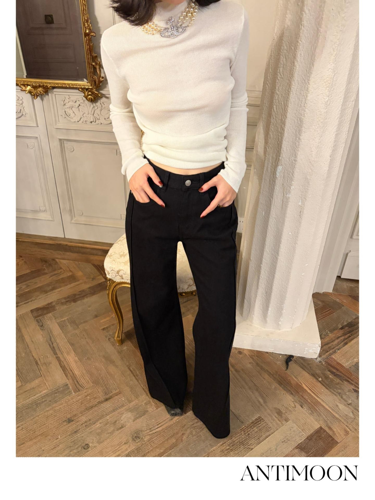 ANTIMOON Four-way Stretch High Waist Straight Fit Women's Cotton Wide-leg Jeans