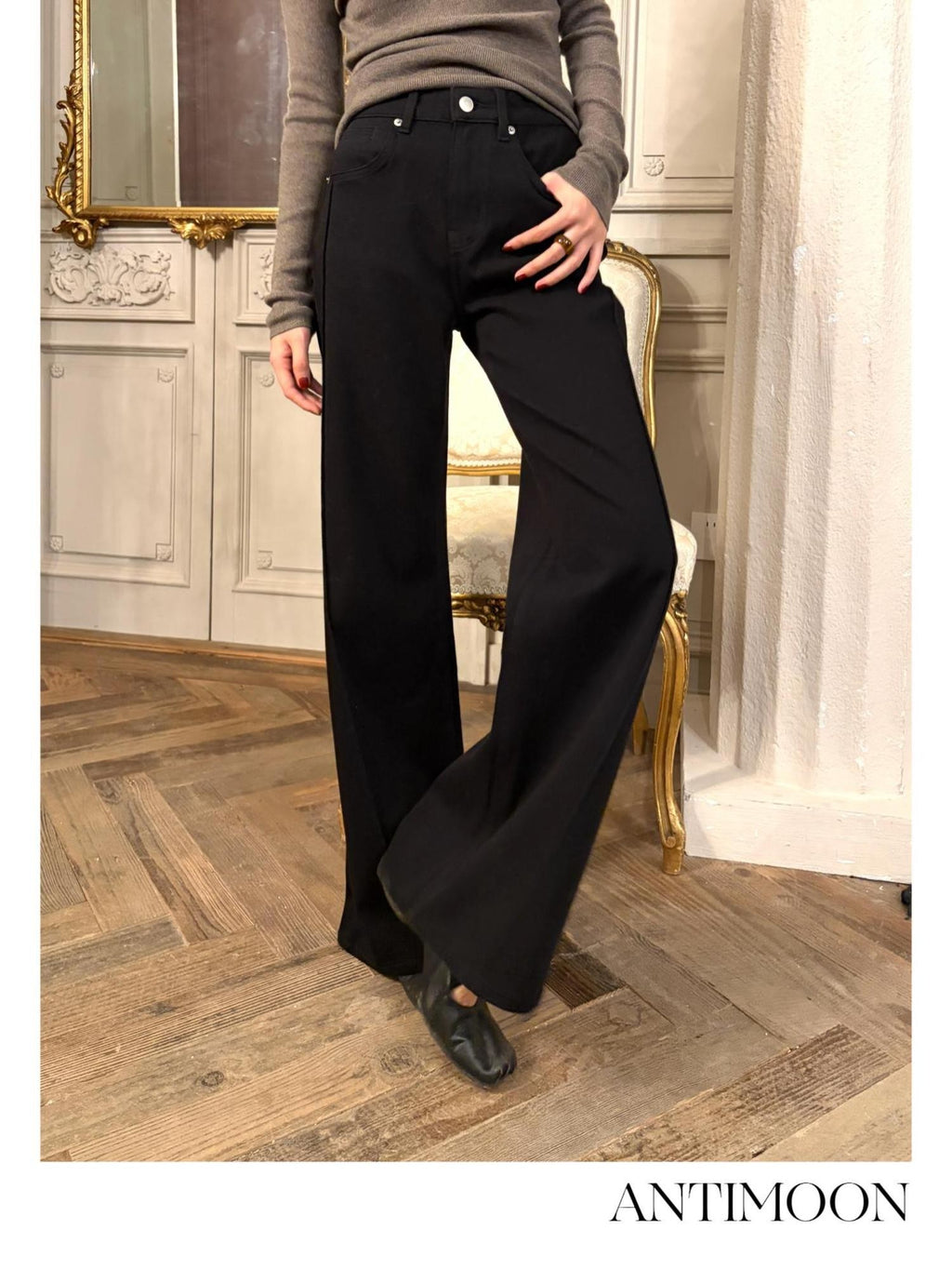 ANTIMOON Four-way Stretch High Waist Straight Fit Women's Cotton Wide-leg Jeans