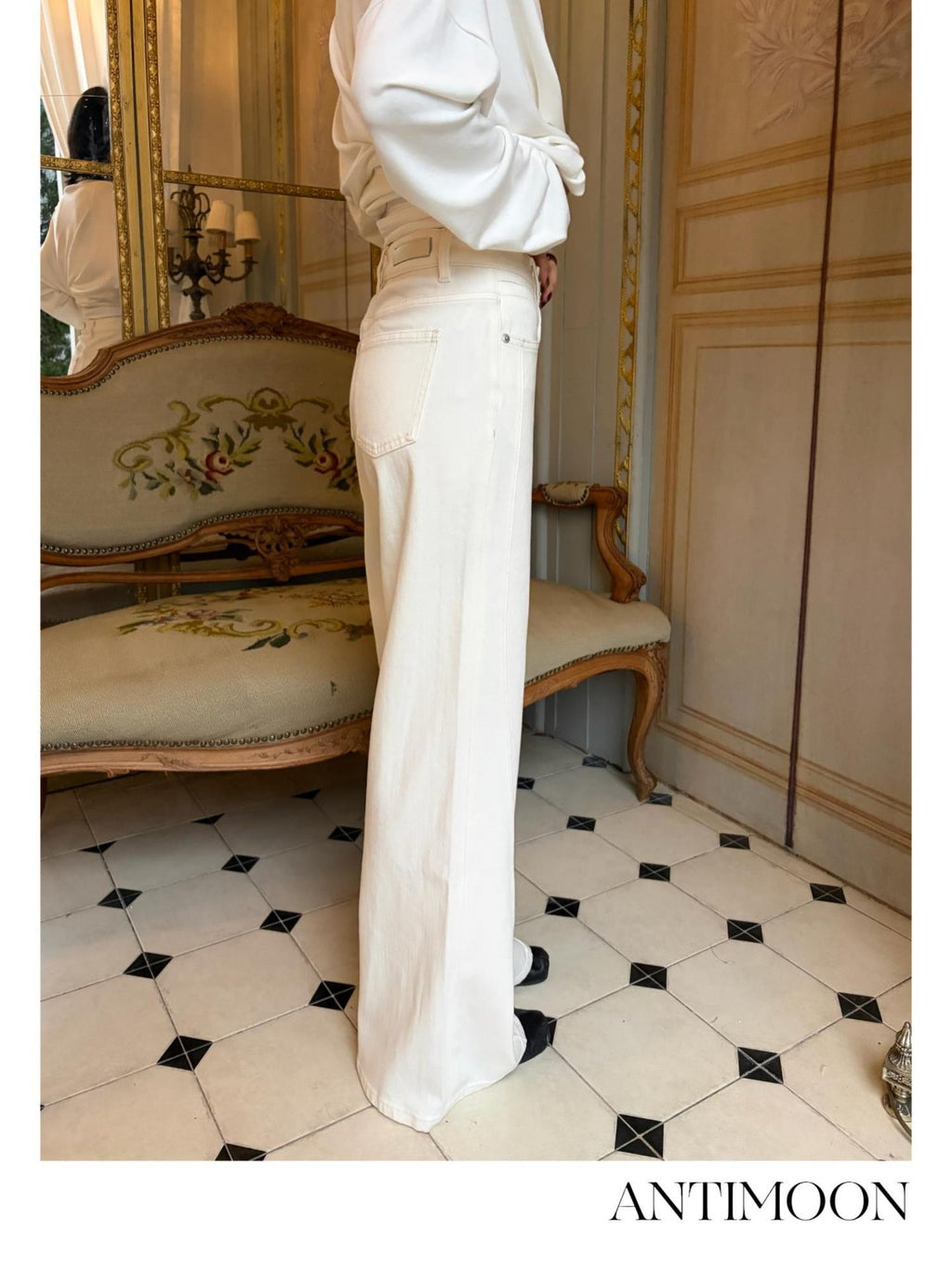 ANTIMOON Four-way Stretch High Waist Straight Fit Women's Cotton Wide-leg Jeans