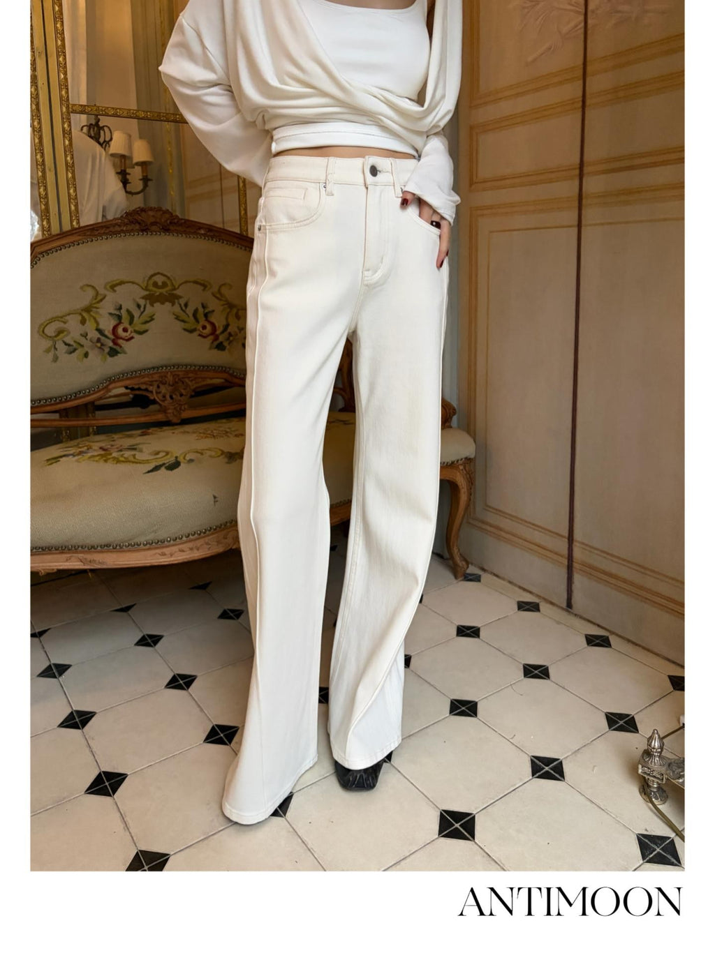 ANTIMOON Four-way Stretch High Waist Straight Fit Women's Cotton Wide-leg Jeans