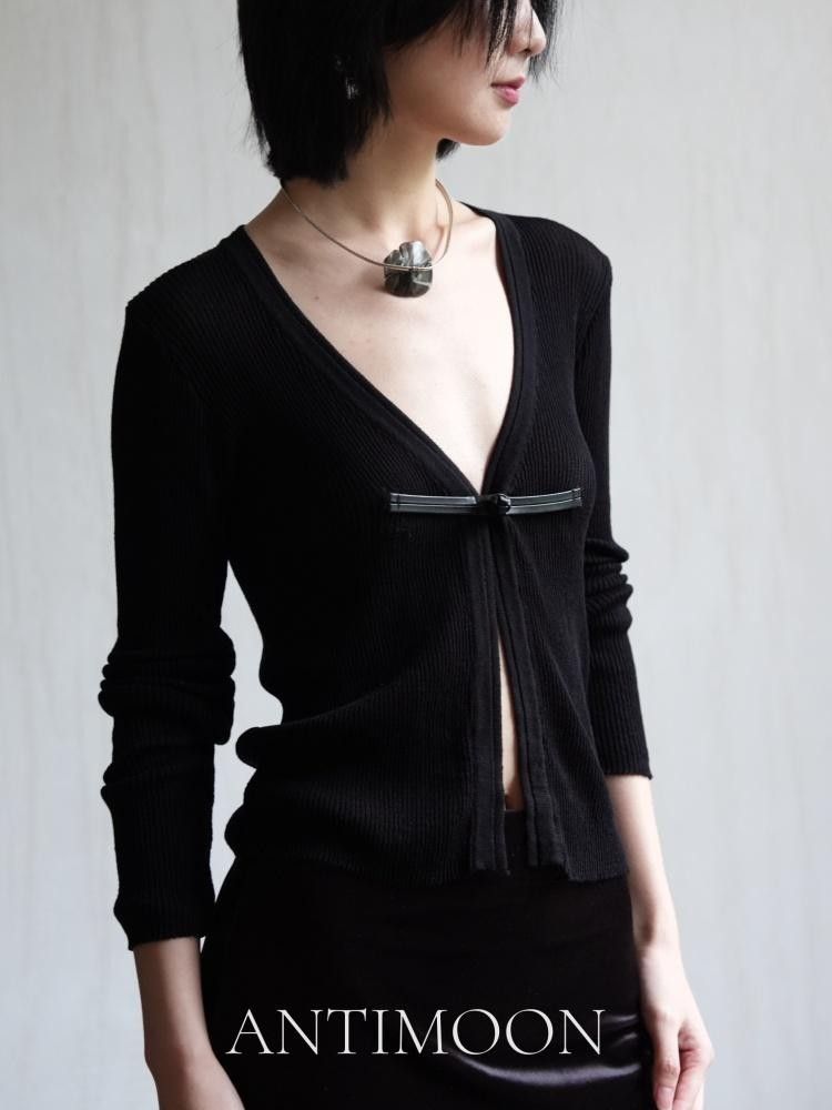 ANTIMOON Frog Button New Chinese V-neck Knit Slim Fit Long Sleeve Women's Cardigans