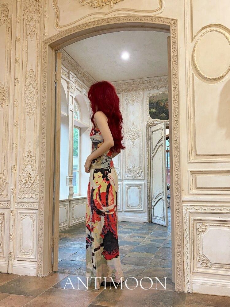 ANTIMOON Garden Lady Print Vintage Chinese Halter Bandeau Women's Boho Maxi Dresses