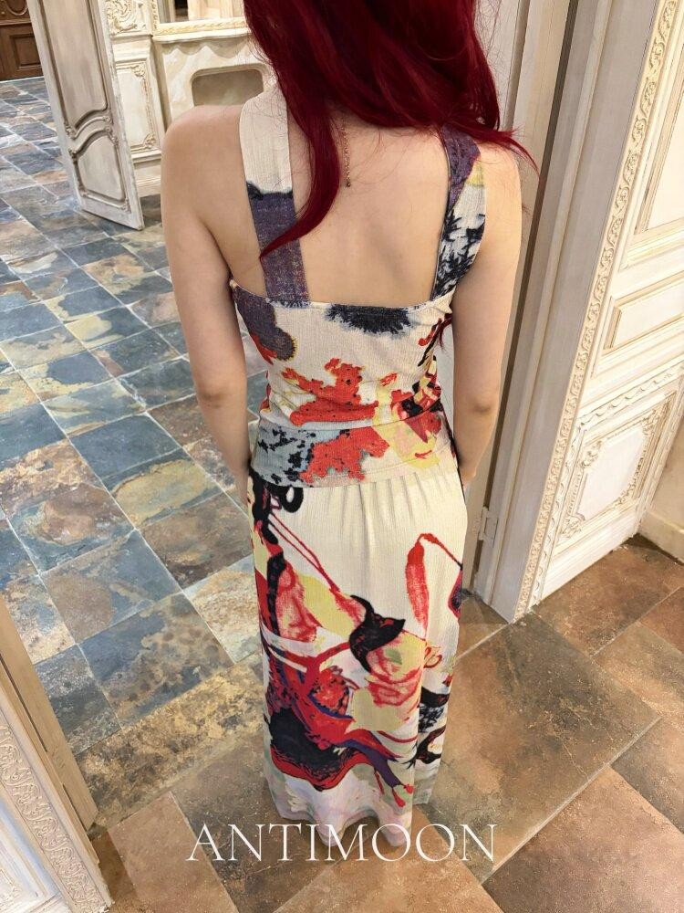 ANTIMOON Garden Lady Print Vintage Chinese Halter Bandeau Women's Boho Maxi Dresses