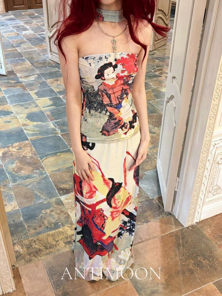 ANTIMOON Garden Lady Print Vintage Chinese Halter Bandeau Women's Boho Maxi Dresses
