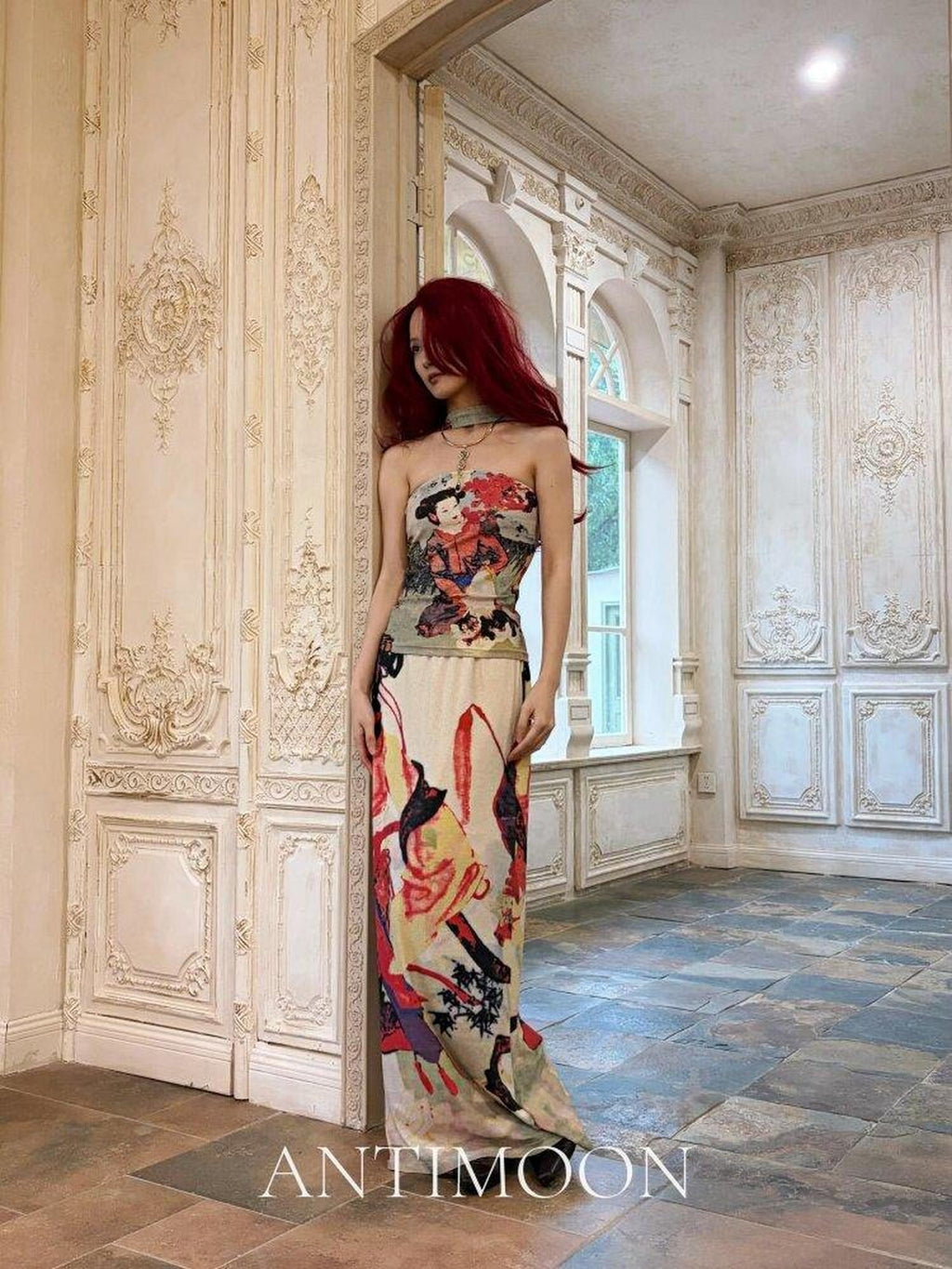 ANTIMOON Garden Lady Print Vintage Chinese Halter Bandeau Women's Boho Maxi Dresses