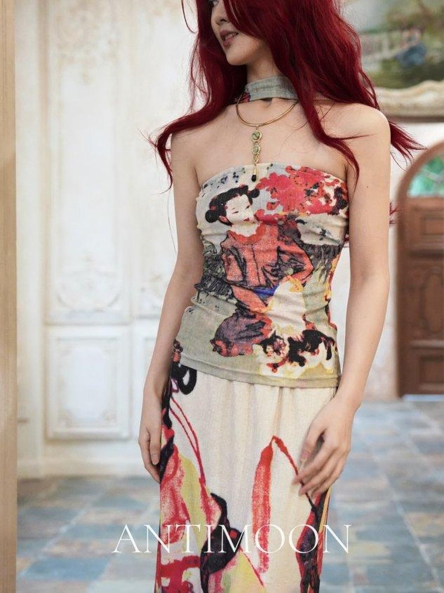 ANTIMOON Garden Lady Print Vintage Chinese Halter Bandeau Women's Boho Maxi Dresses