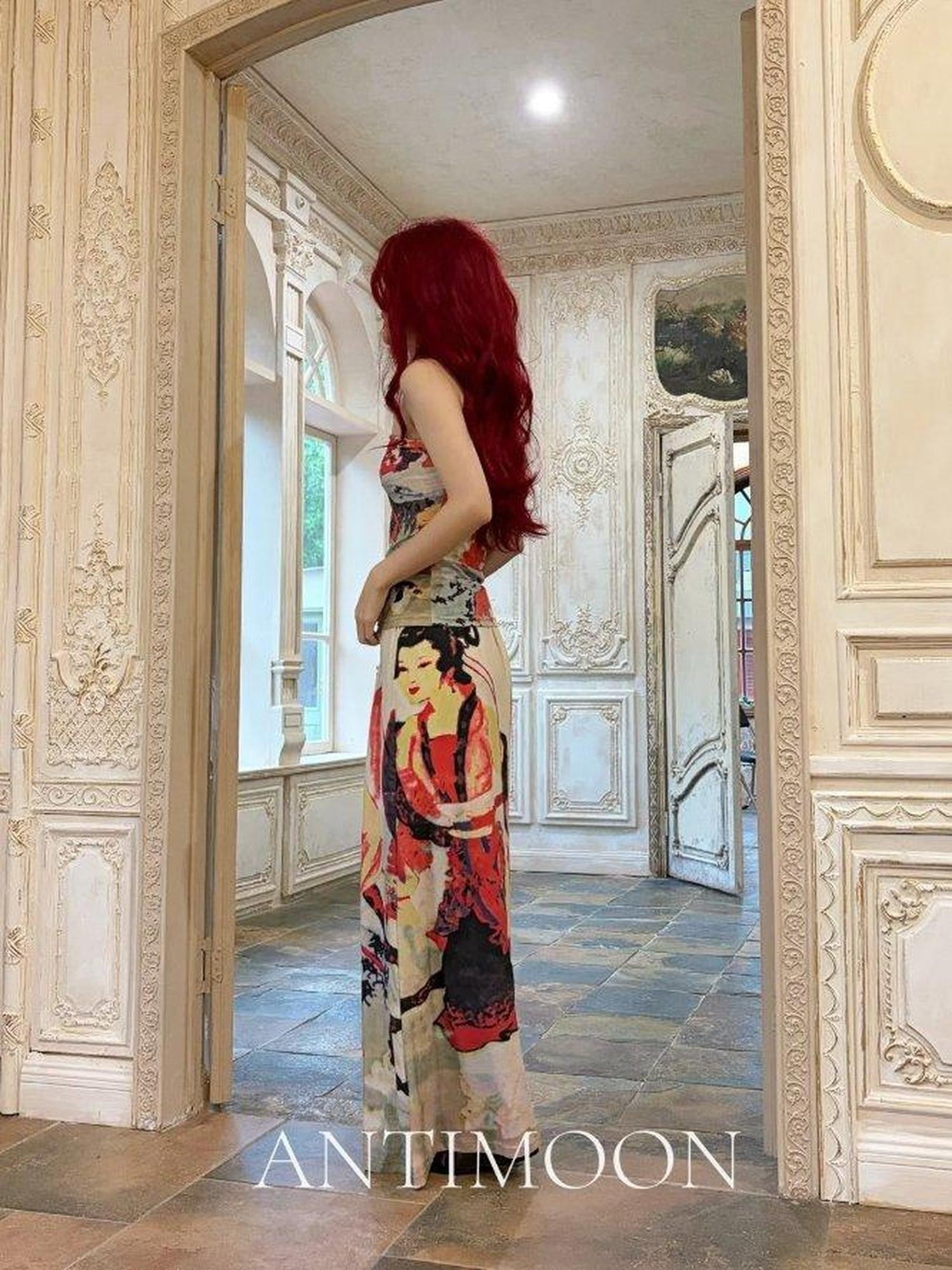 ANTIMOON Garden Lady Print Vintage Chinese Halter Bandeau Women's Boho Maxi Dresses