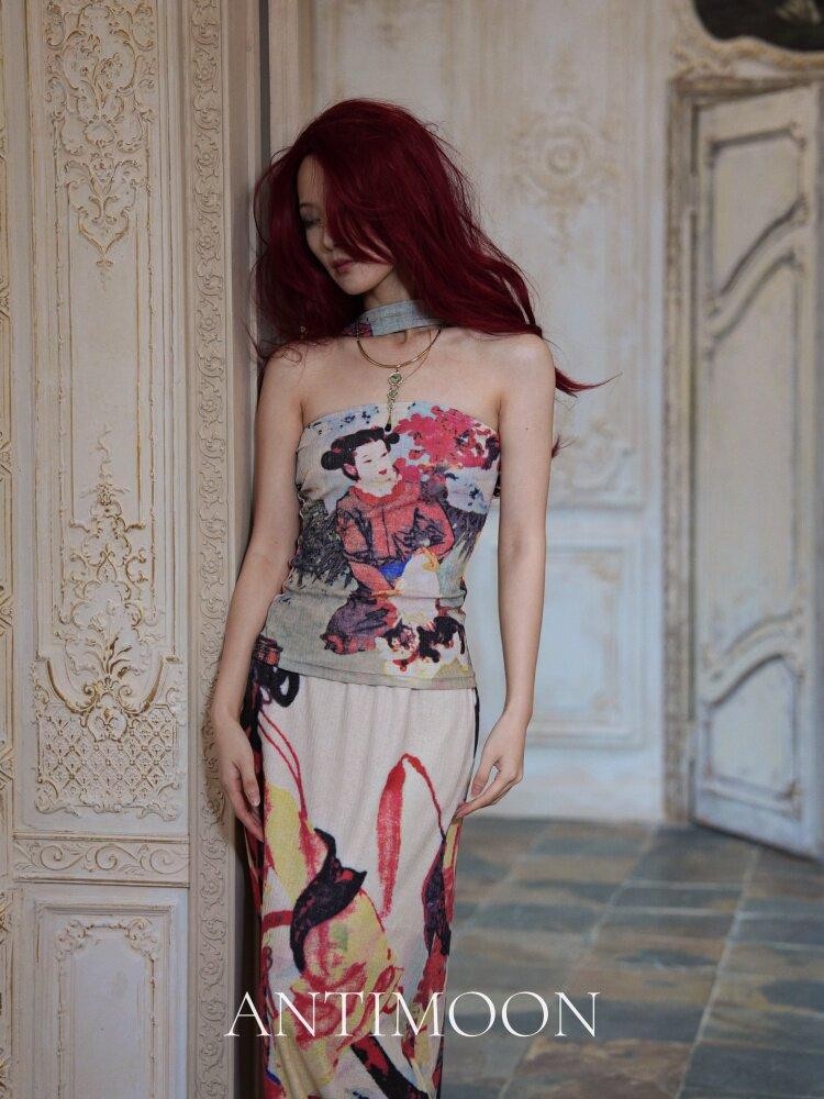 ANTIMOON Garden Lady Print Vintage Chinese Halter Bandeau Women's Boho Maxi Dresses
