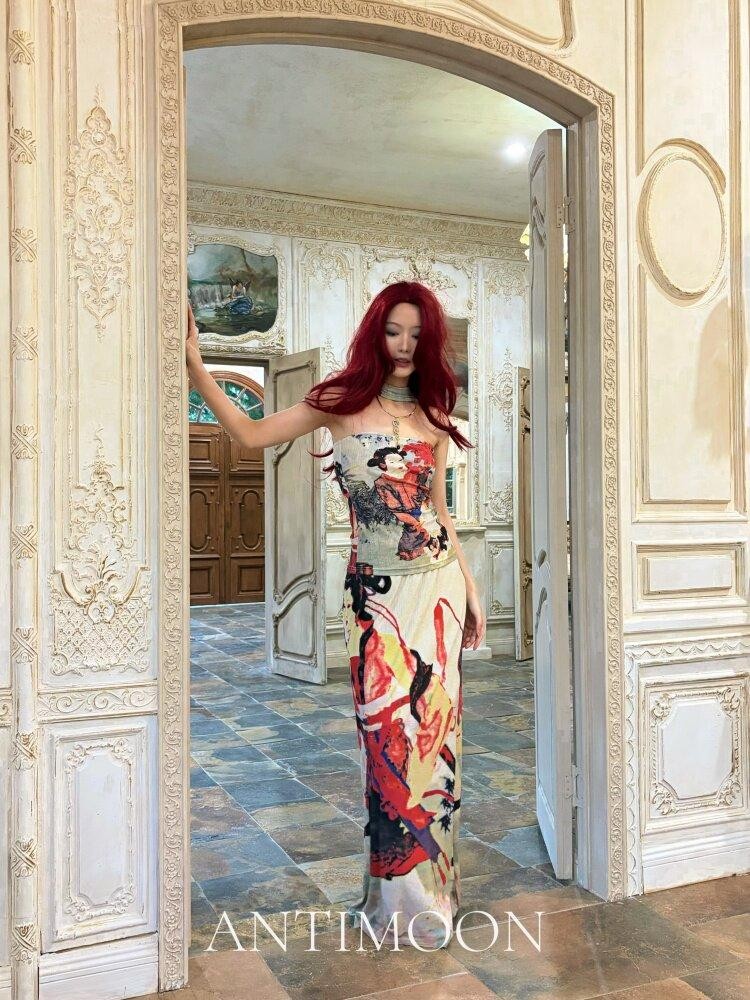 ANTIMOON Garden Lady Print Vintage Chinese Halter Bandeau Women's Boho Maxi Dresses