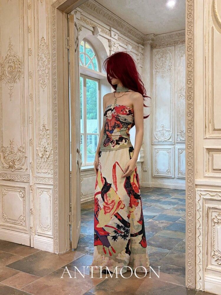 ANTIMOON Garden Lady Print Vintage Chinese Halter Bandeau Women's Boho Maxi Dresses