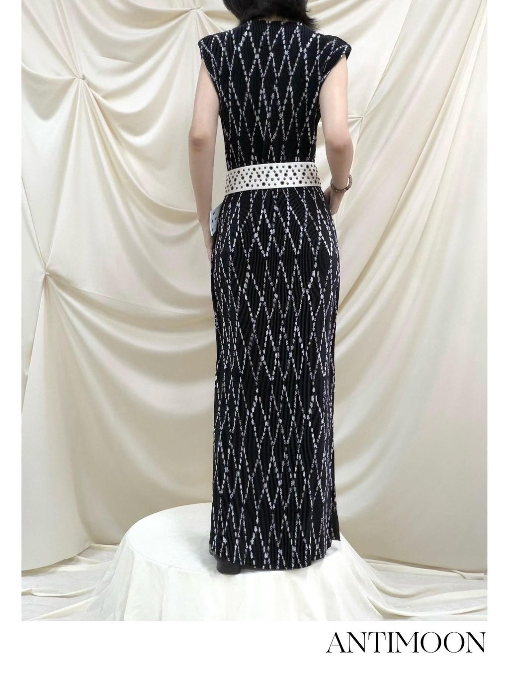 ANTIMOON Geometric Print Ruched Black Women's Polyester Bodycon Maxi Dresses
