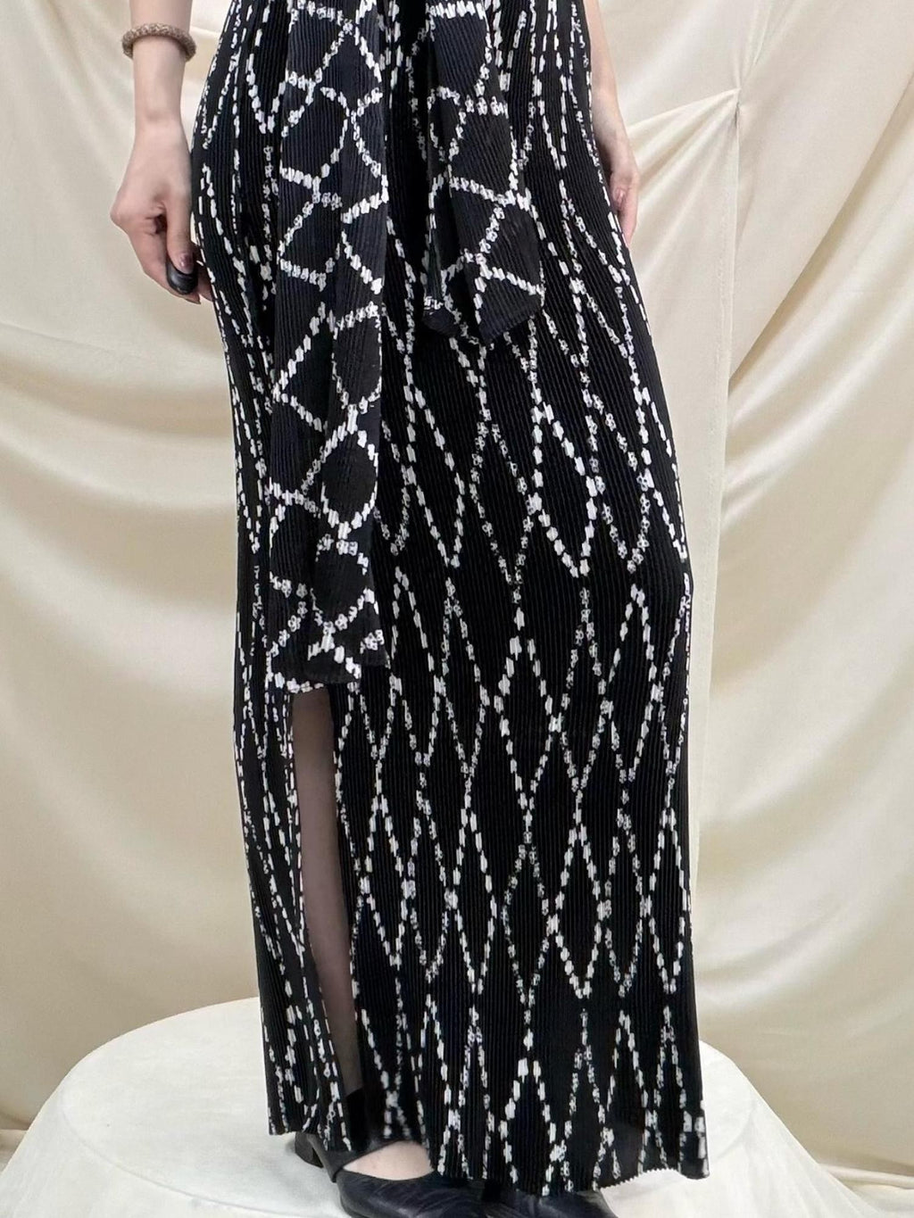 ANTIMOON Geometric Print Ruched Black Women's Polyester Bodycon Maxi Dresses
