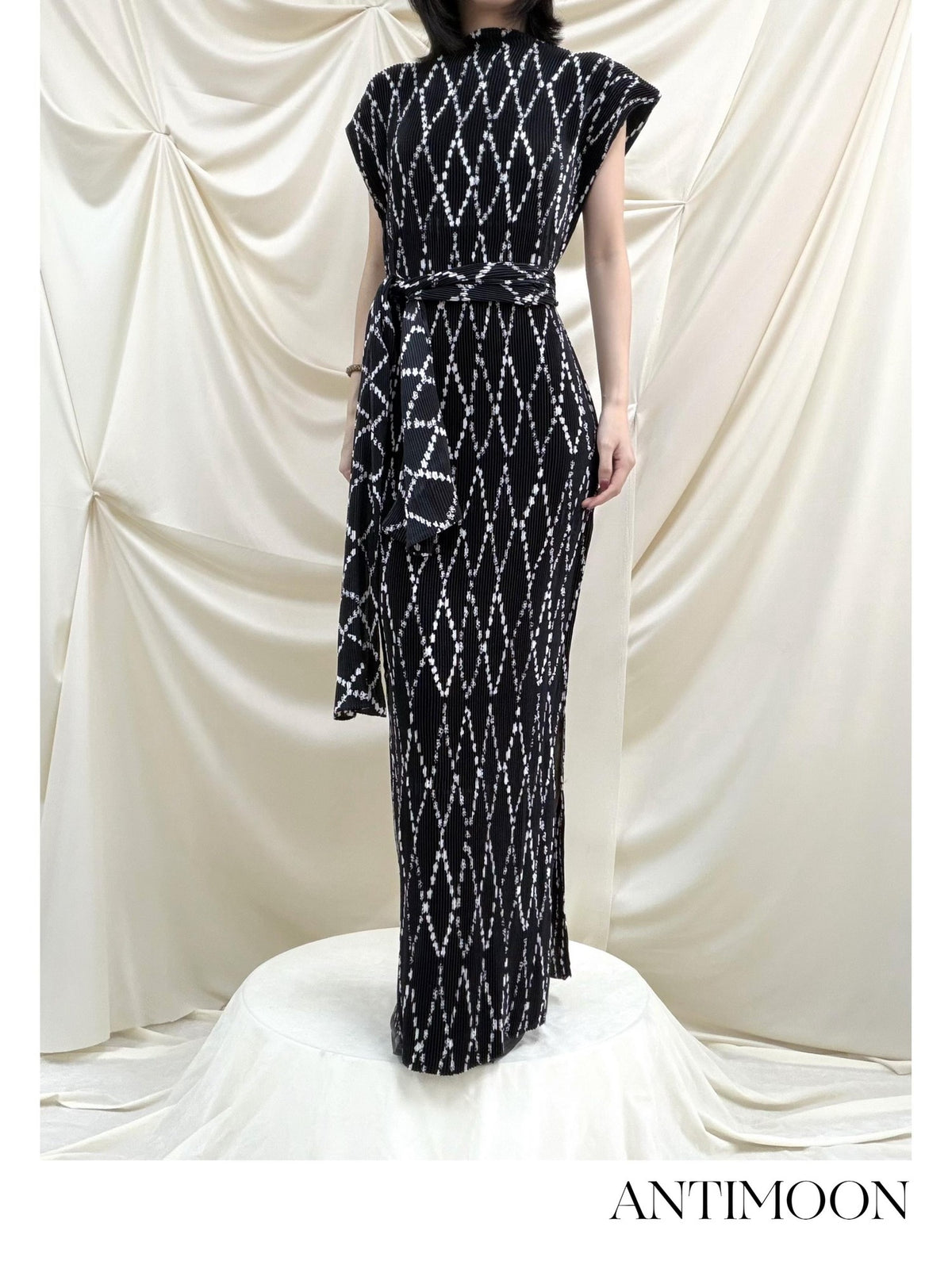 ANTIMOON Geometric Print Ruched Black Women's Polyester Bodycon Maxi Dresses